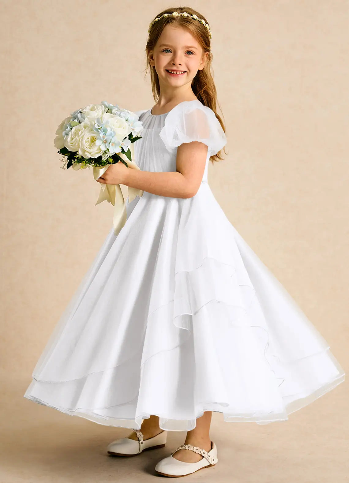 Illusion Round Neck Puff Short Sleeve Pearl Waistband Layered Tulle White Midi Flower Girl Dresses