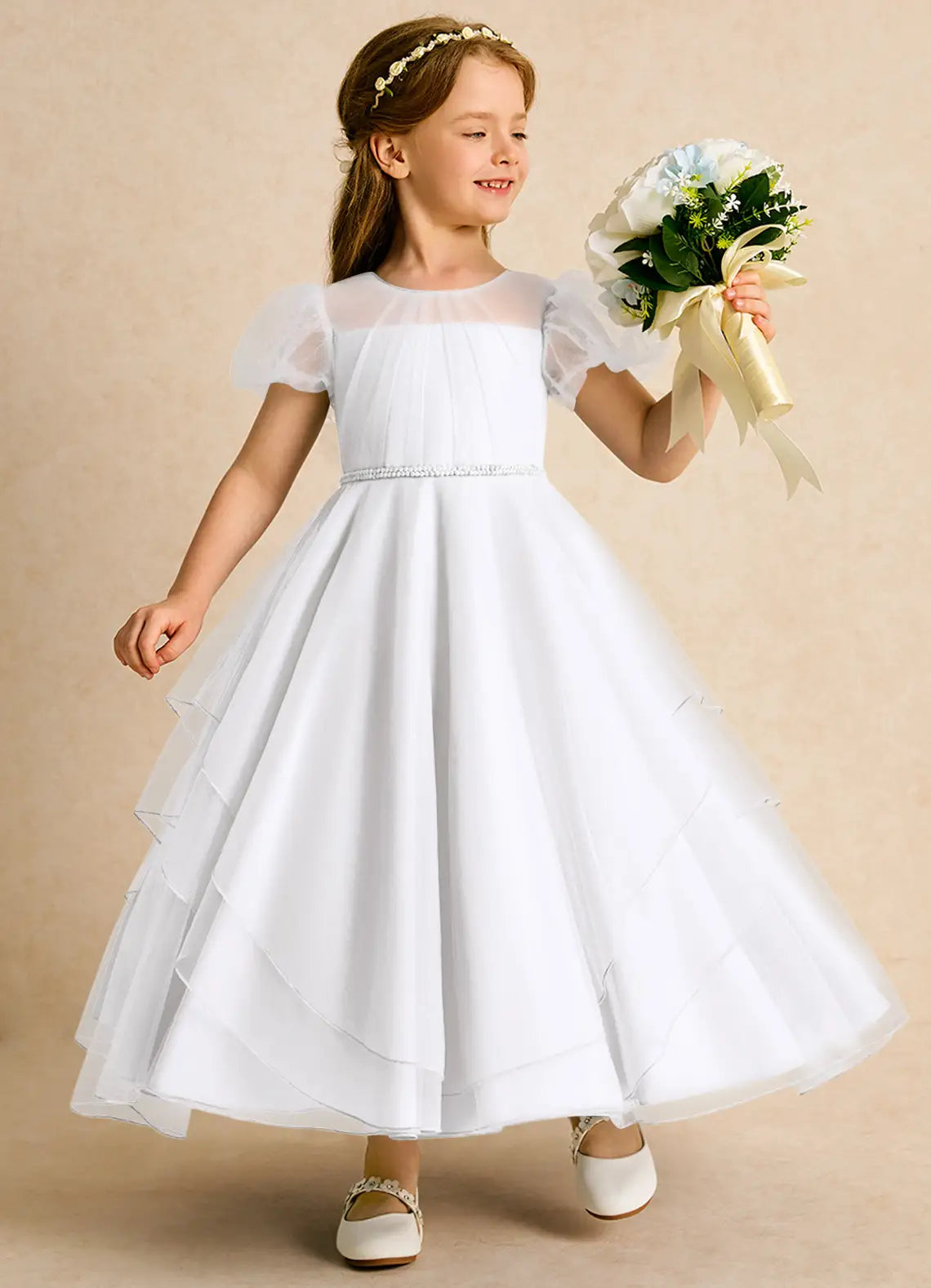 Illusion Round Neck Puff Short Sleeve Pearl Waistband Layered Tulle White Midi Flower Girl Dresses
