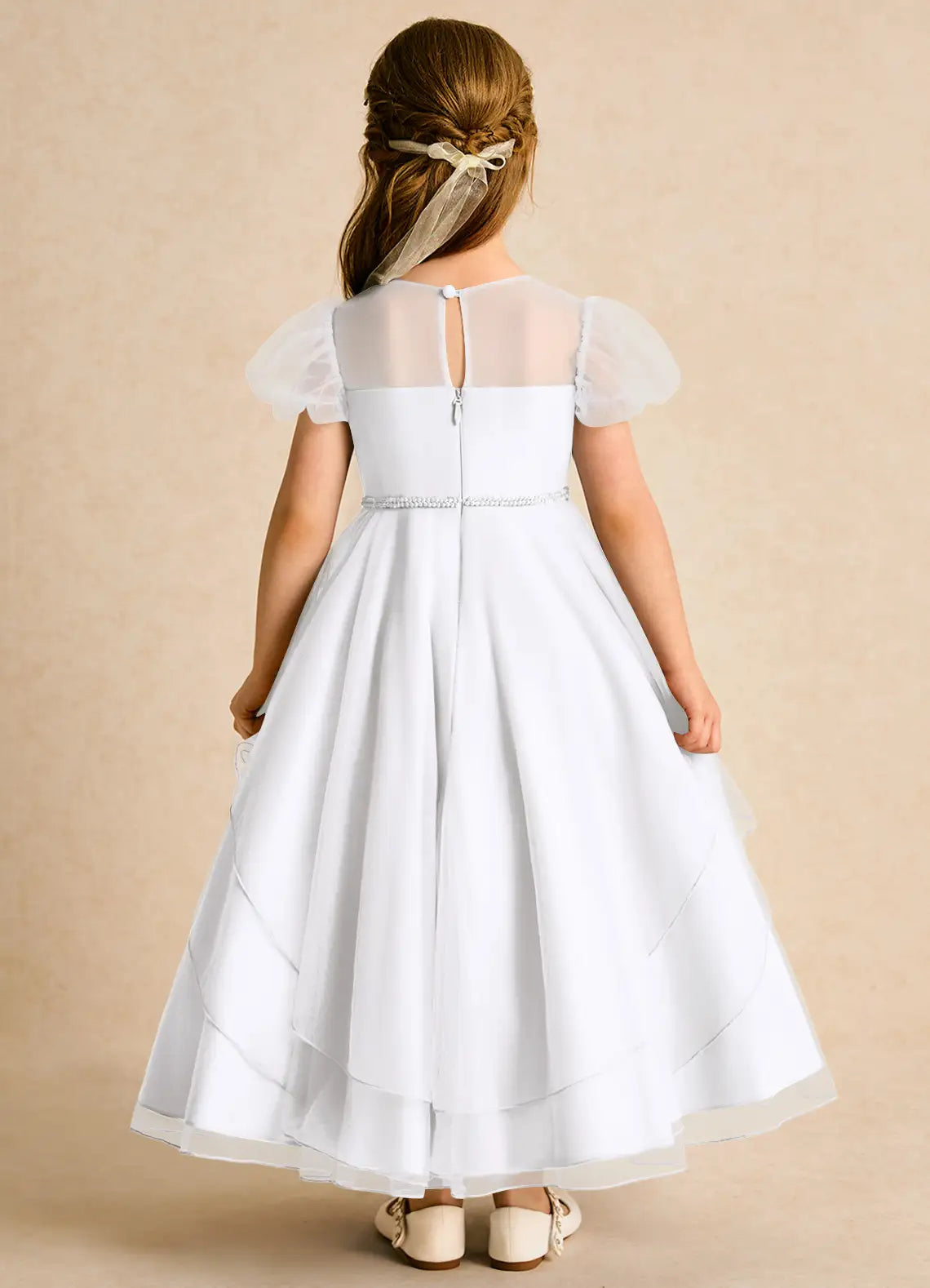 Illusion Round Neck Puff Short Sleeve Pearl Waistband Layered Tulle White Midi Flower Girl Dresses