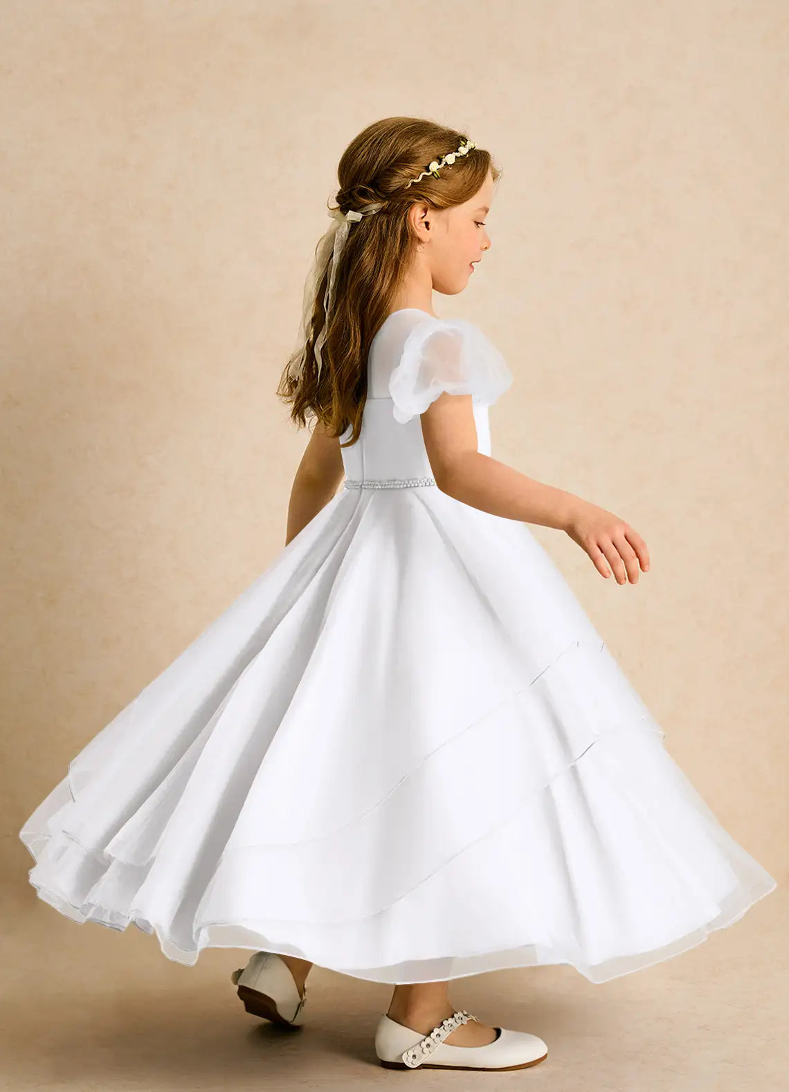 Illusion Round Neck Puff Short Sleeve Pearl Waistband Layered Tulle White Midi Flower Girl Dresses