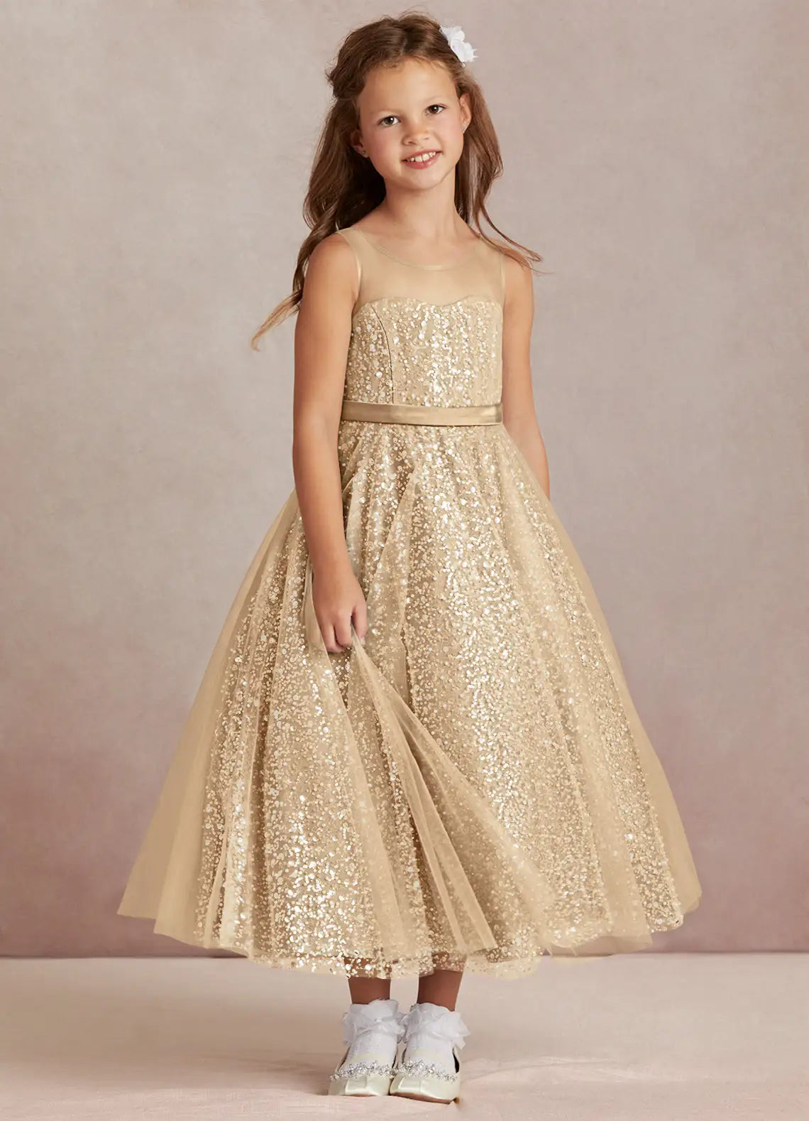 Illusion Round Neck Sleeveless Champagne Sequin Tulle Midi Flower Girl Dresses with Satin Sash