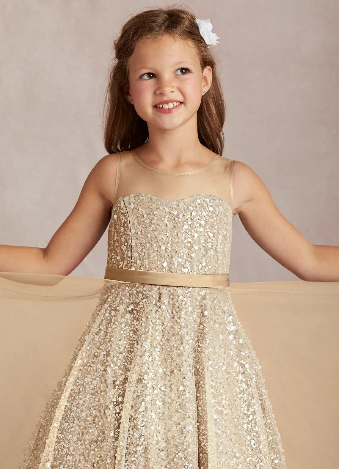 Illusion Round Neck Sleeveless Champagne Sequin Tulle Midi Flower Girl Dresses with Satin Sash