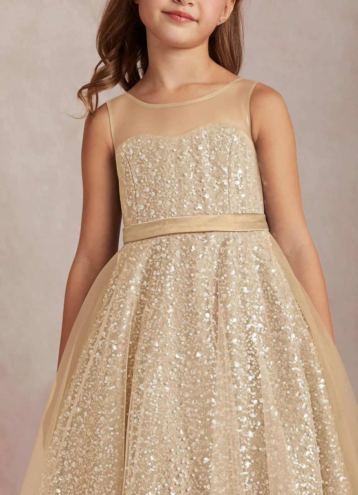 Illusion Round Neck Sleeveless Champagne Sequin Tulle Midi Flower Girl Dresses with Satin Sash