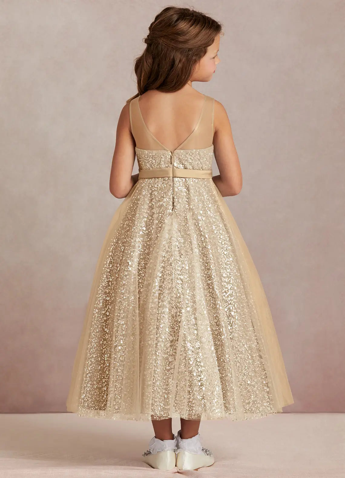 Illusion Round Neck Sleeveless Champagne Sequin Tulle Midi Flower Girl Dresses with Satin Sash