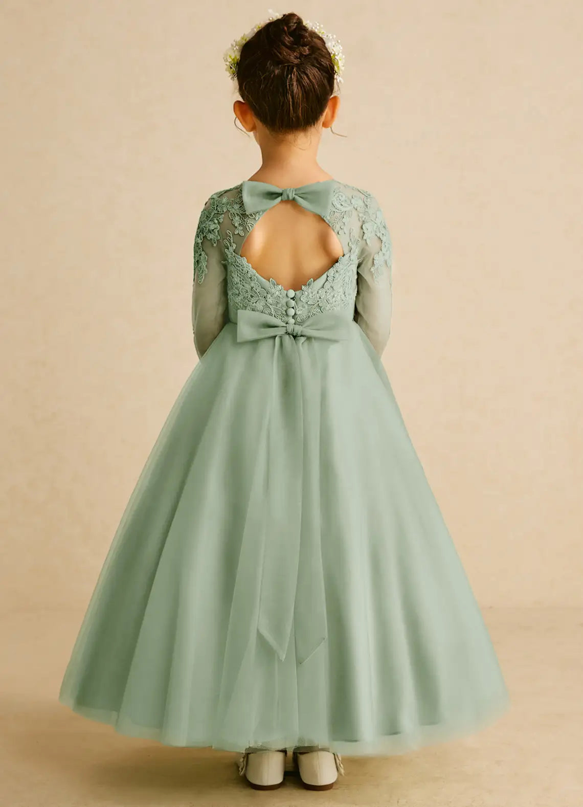 Illusion Round Neck Three-Quarter Sleeve Sage Green Tulle Full-Length Flower Girl Dresses with Lace Appliques and Cutout Back Bows