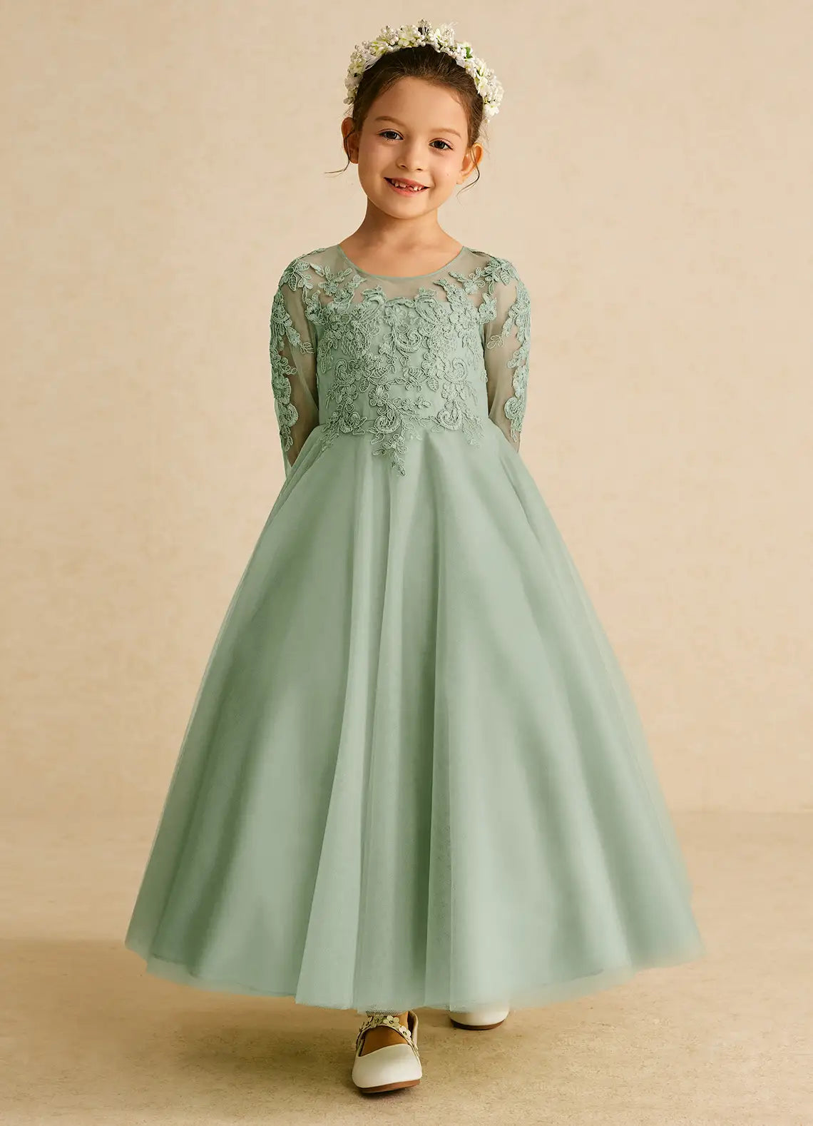 Illusion Round Neck Three-Quarter Sleeve Sage Green Tulle Full-Length Flower Girl Dresses with Lace Appliques and Cutout Back Bows