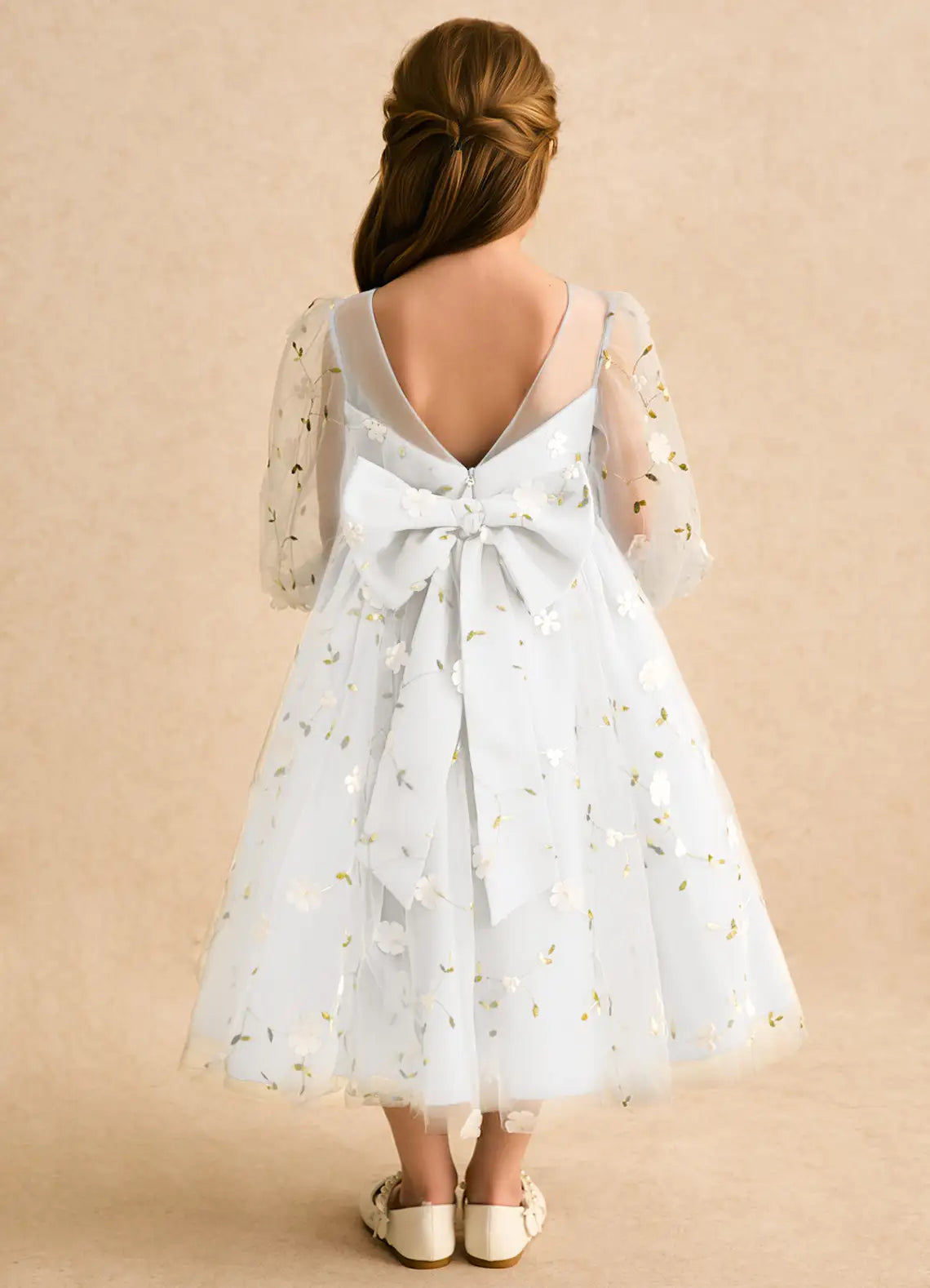 Illusion Neck Puff Sleeve V-Back Big Self-Tie Bow 3D Floral Tulle Light Sky Blue Midi Flower Girl Dresses