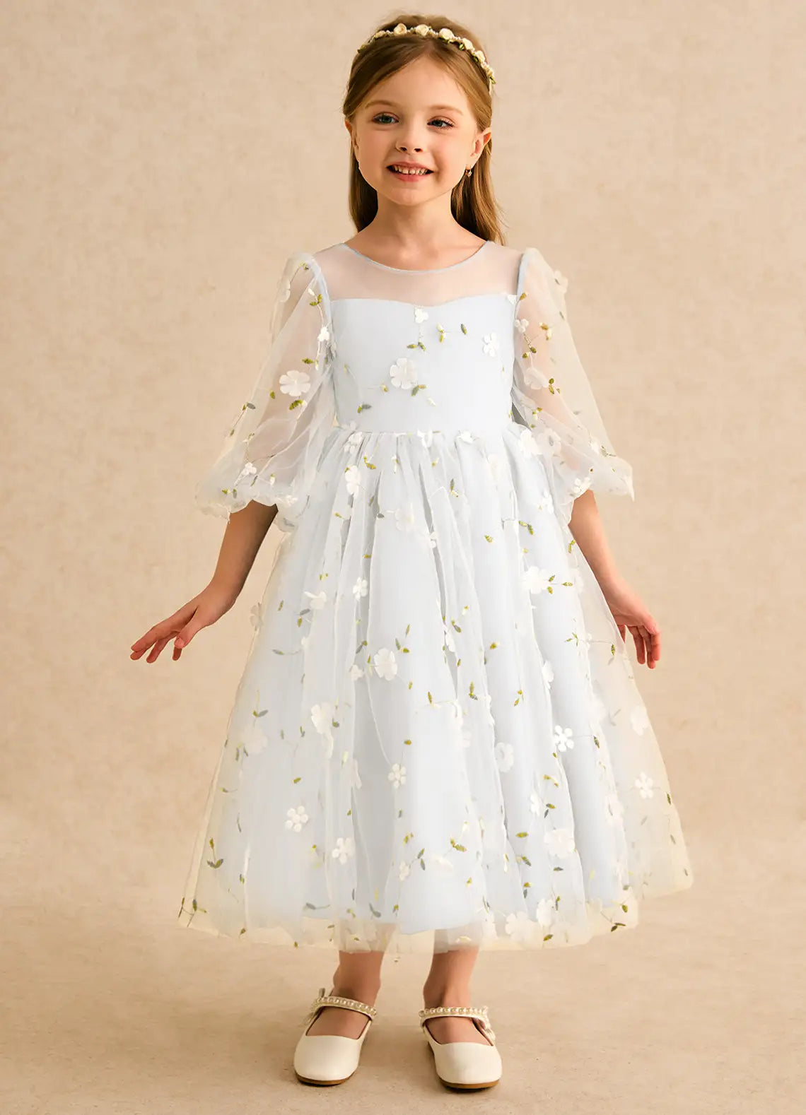 Illusion Neck Puff Sleeve V-Back Big Self-Tie Bow 3D Floral Tulle Light Sky Blue Midi Flower Girl Dresses
