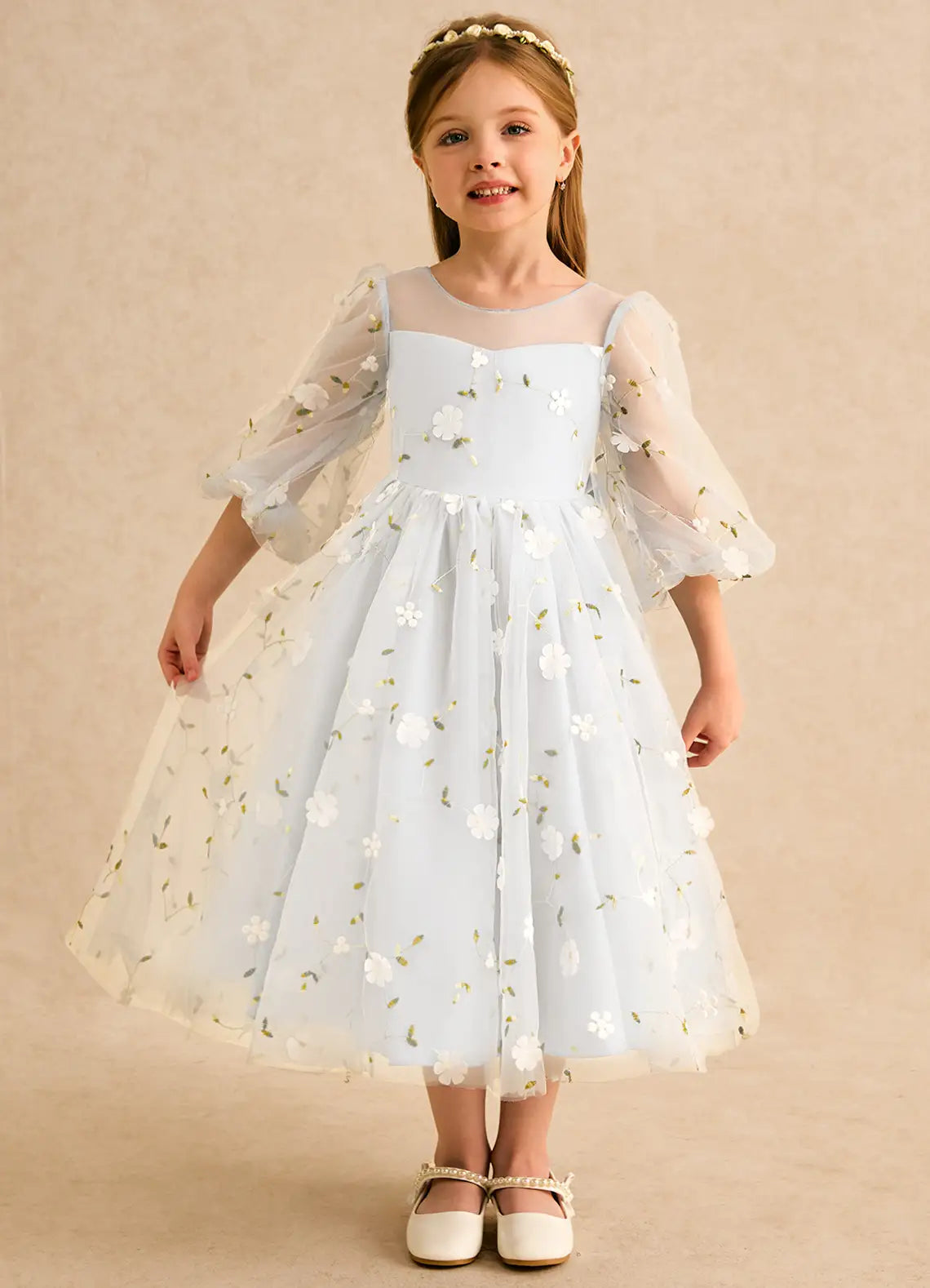 Illusion Neck Puff Sleeve V-Back Big Self-Tie Bow 3D Floral Tulle Light Sky Blue Midi Flower Girl Dresses