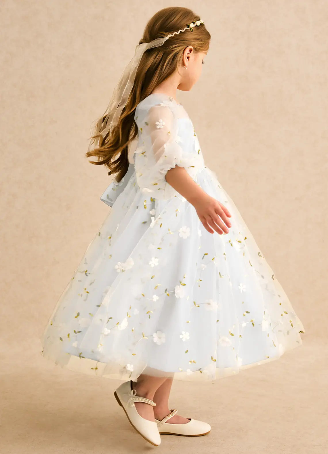 Illusion Neck Puff Sleeve V-Back Big Self-Tie Bow 3D Floral Tulle Light Sky Blue Midi Flower Girl Dresses