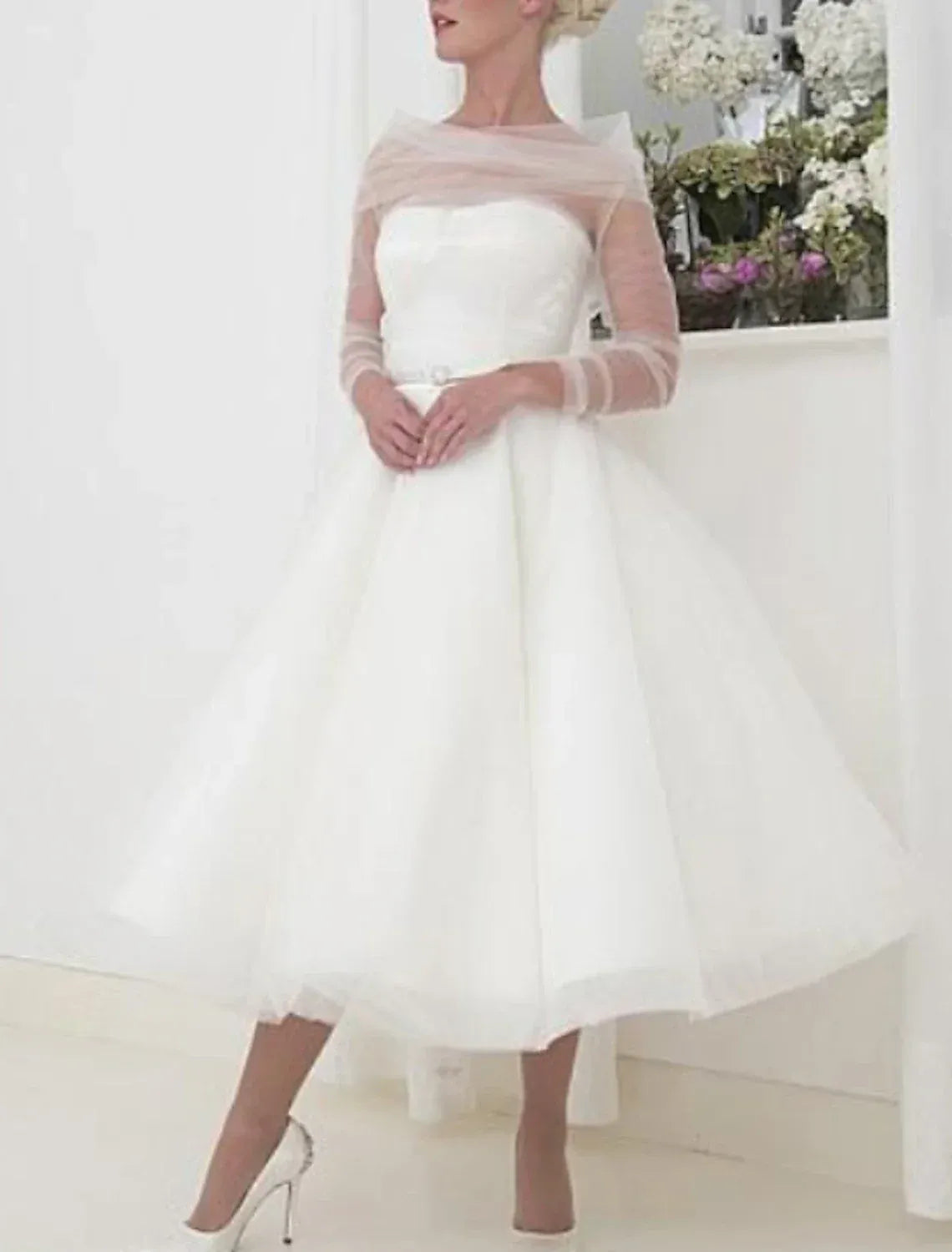 Illusion Tulle Long Sleeve Midi Tulle Ball Wedding Dress Pearl Back Slim Waist Sash