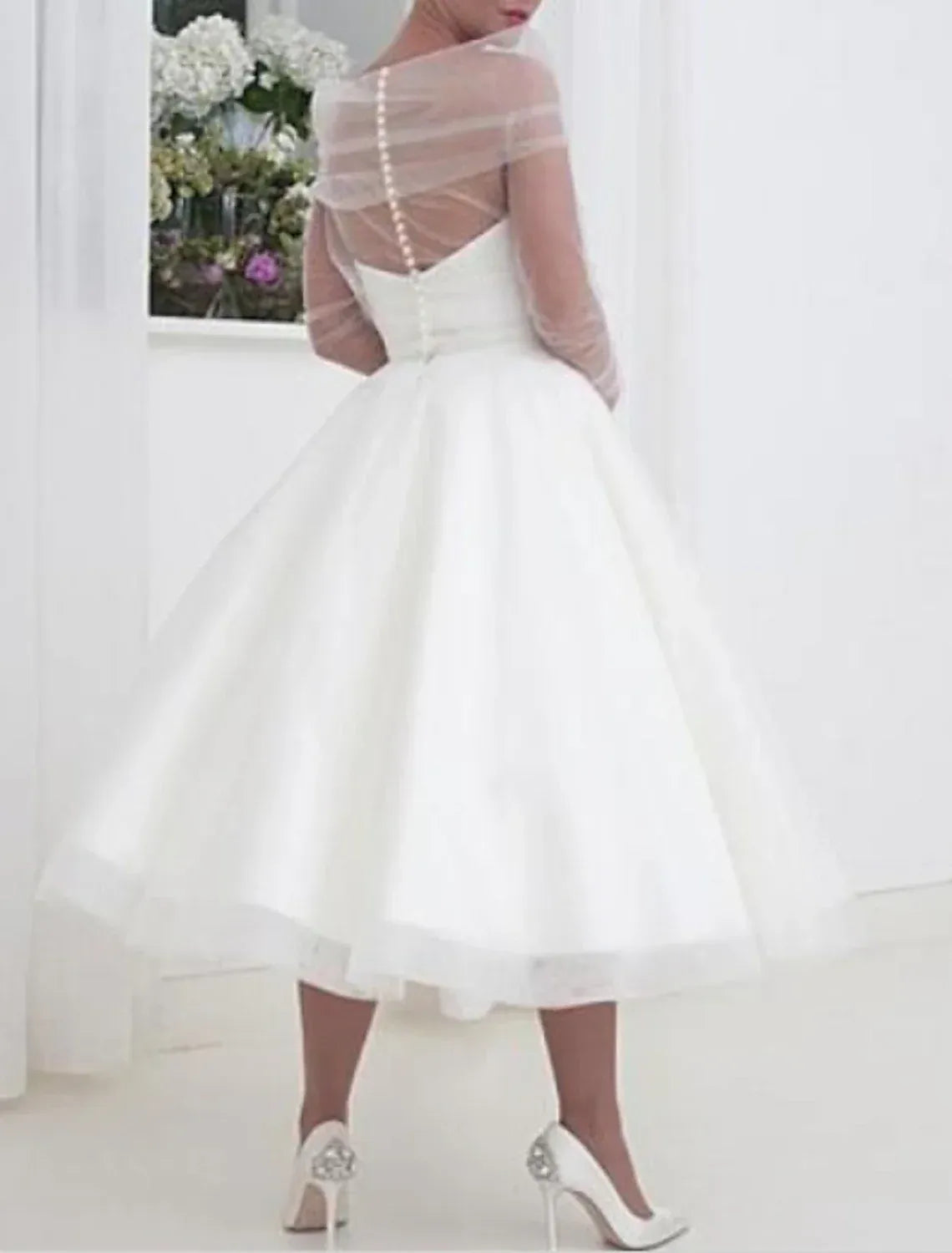 Illusion Tulle Long Sleeve Midi Tulle Ball Wedding Dress Pearl Back Slim Waist Sash