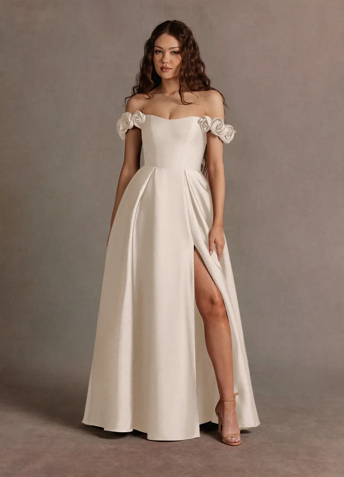 Ivory Floor-Length Off-The-Shoulder 3D Rose Satin A-Line Wedding Dress