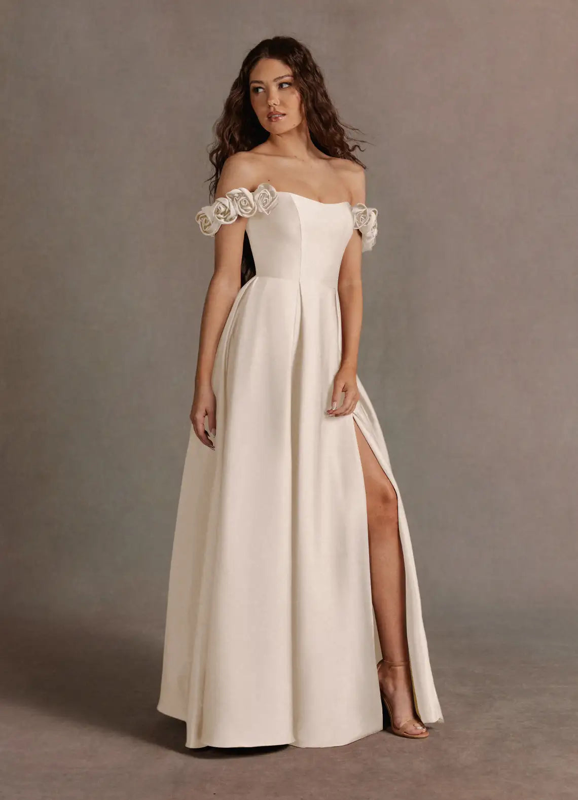 Ivory Floor-Length Off-The-Shoulder 3D Rose Satin A-Line Wedding Dress