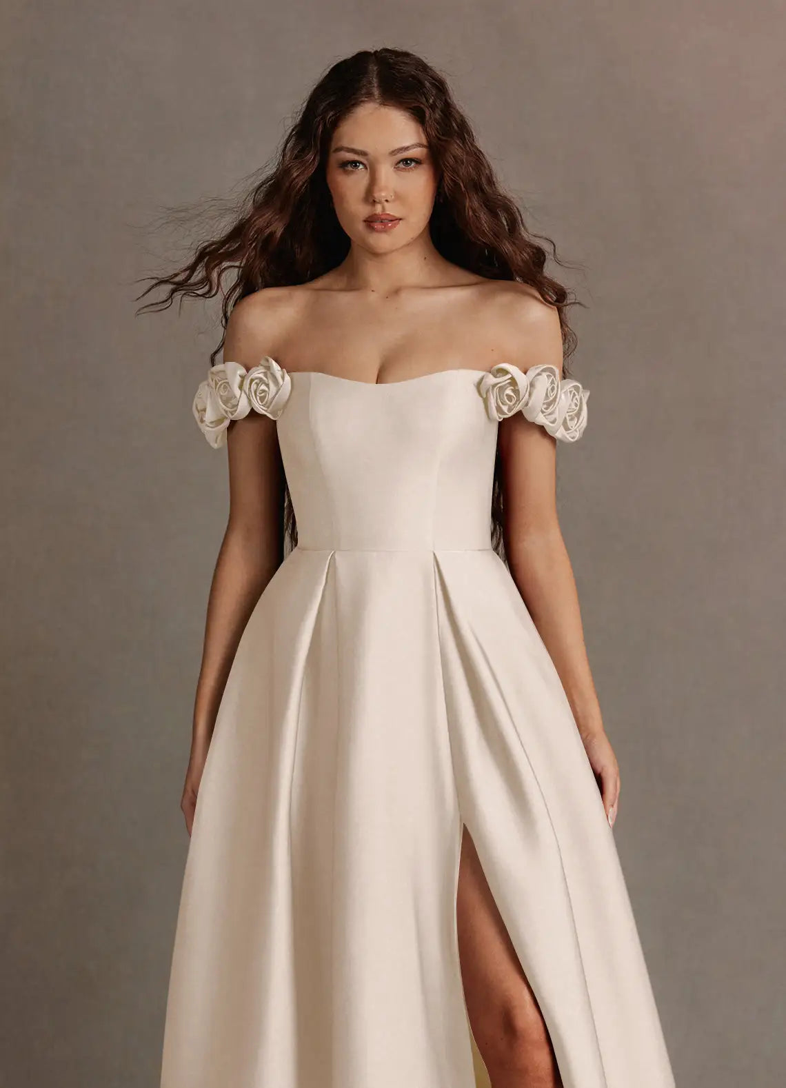 Ivory Floor-Length Off-The-Shoulder 3D Rose Satin A-Line Wedding Dress