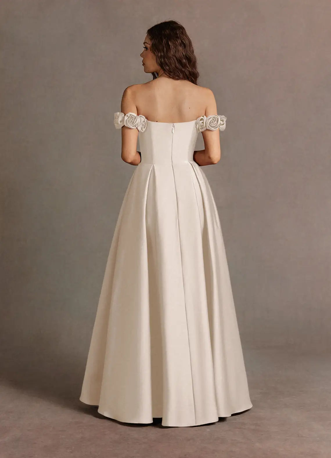 Ivory Floor-Length Off-The-Shoulder 3D Rose Satin A-Line Wedding Dress