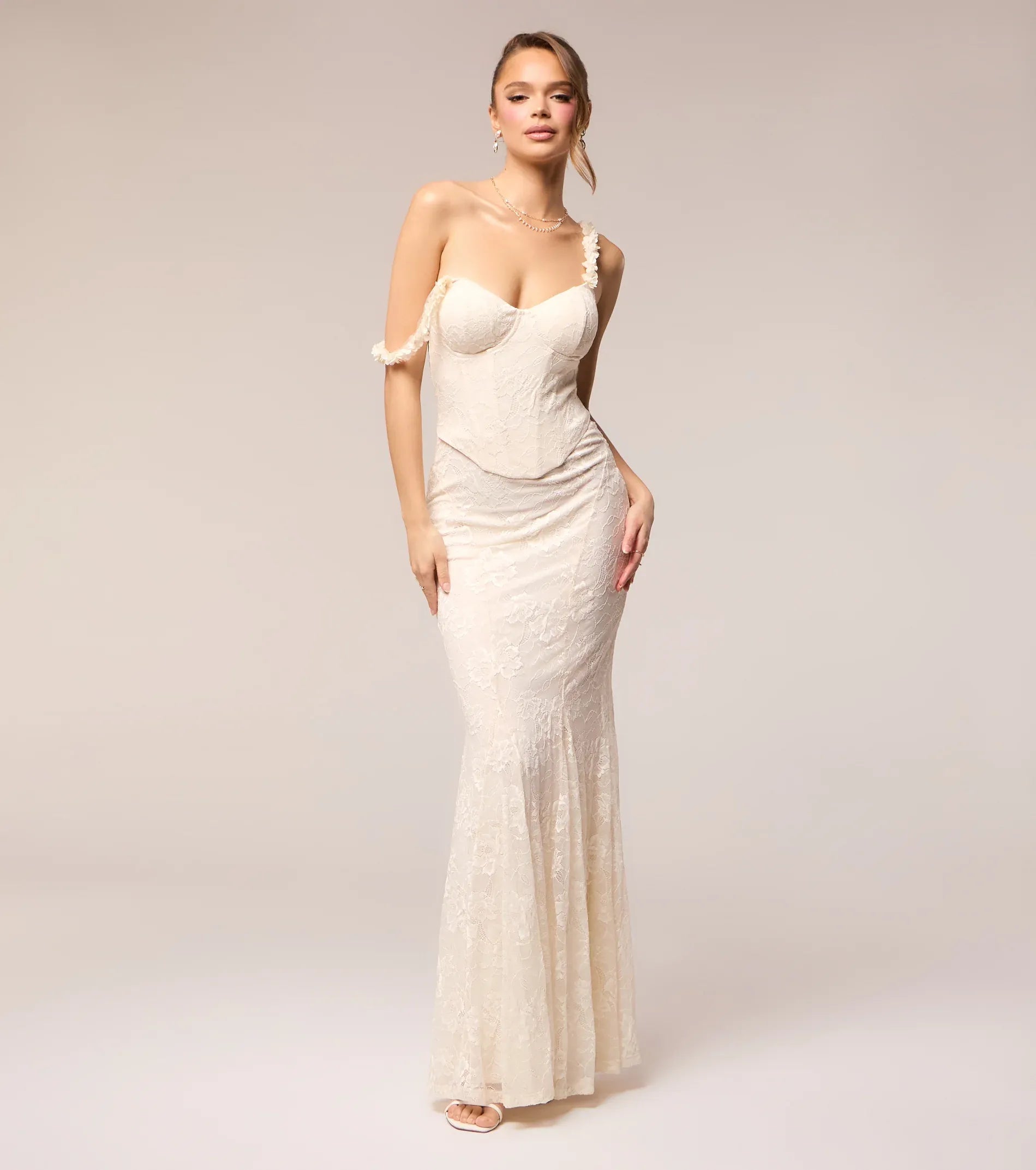 Ivory Floral Lace 3D Flower Strap Corset Mermaid Maxi Wedding Dress