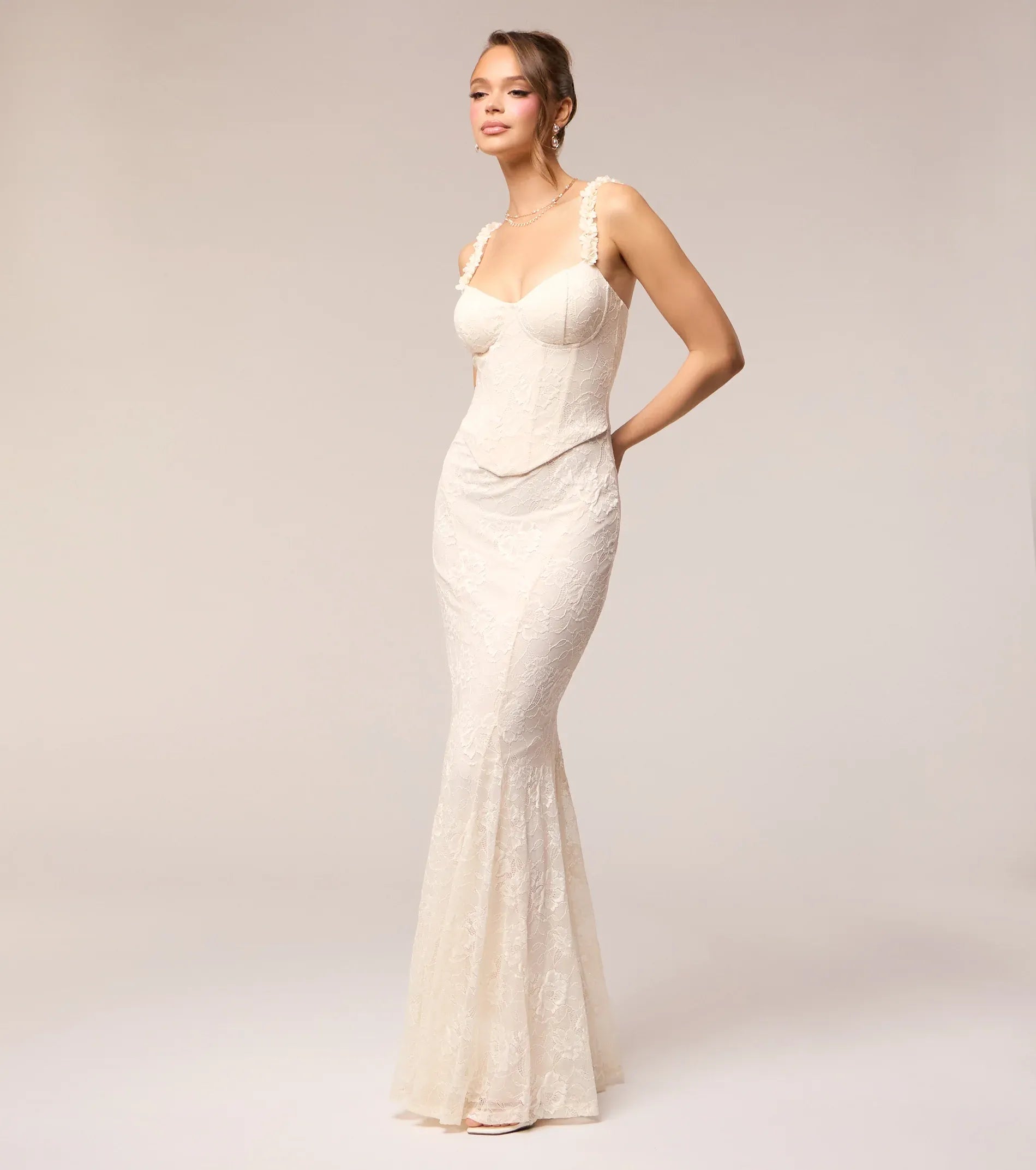 Ivory Floral Lace 3D Flower Strap Corset Mermaid Maxi Wedding Dress