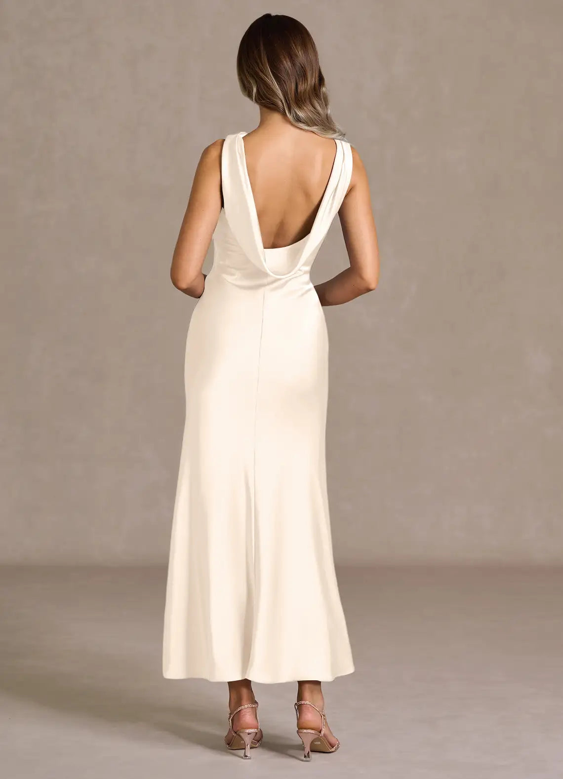 Ivory Sleeveless Cowl Neck Draped Low Cowl Back Midi Satin Wedding Guest Dress