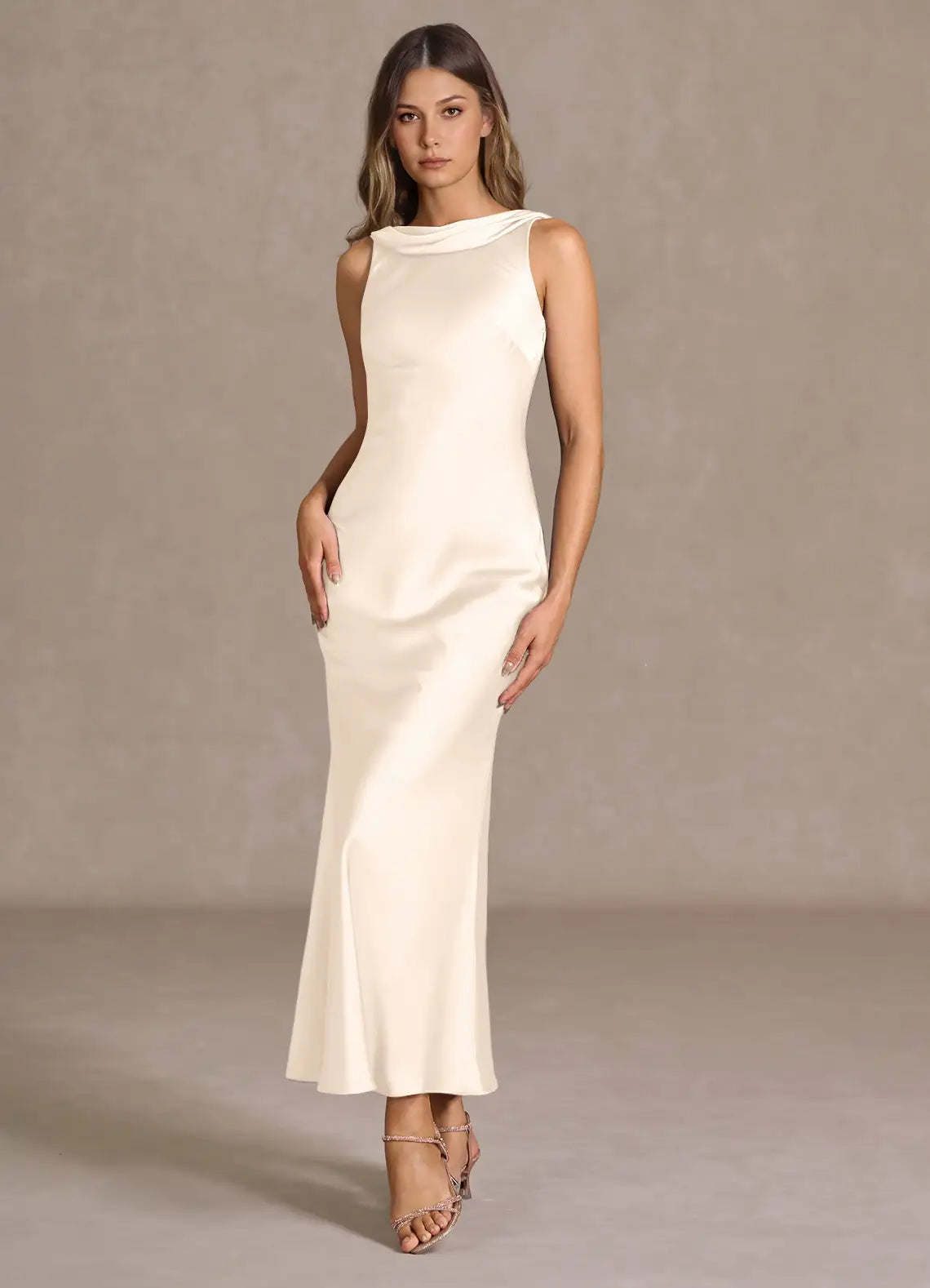 Ivory Sleeveless Cowl Neck Draped Low Cowl Back Midi Satin Wedding Guest Dress