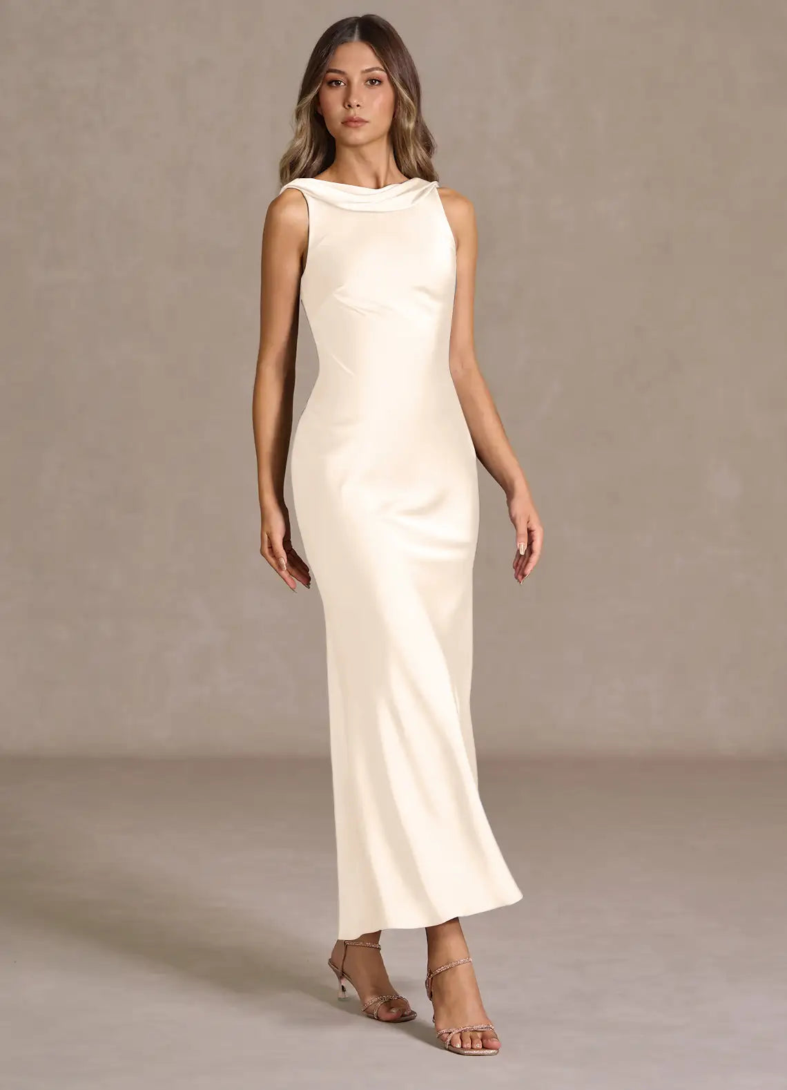 Ivory Sleeveless Cowl Neck Draped Low Cowl Back Midi Satin Wedding Guest Dress
