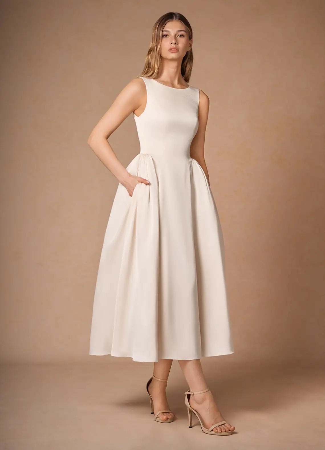 Ivory Sleeveless Round Neck Hidden Pocket Flared Midi Wedding Guest Dress