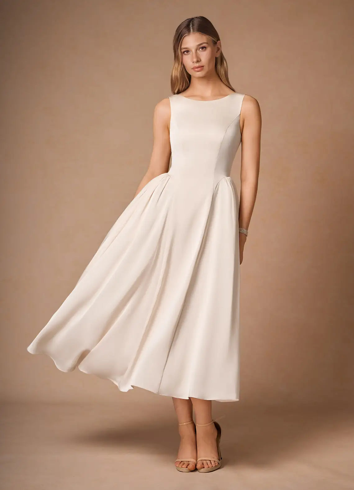 Ivory Sleeveless Round Neck Hidden Pocket Flared Midi Wedding Guest Dress
