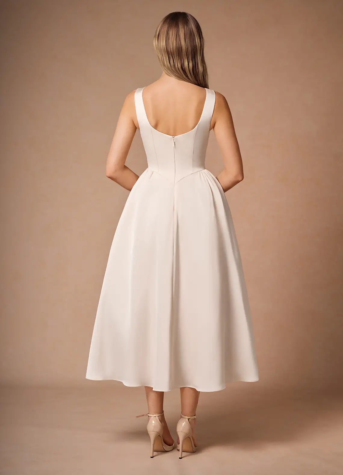 Ivory Sleeveless Round Neck Hidden Pocket Flared Midi Wedding Guest Dress