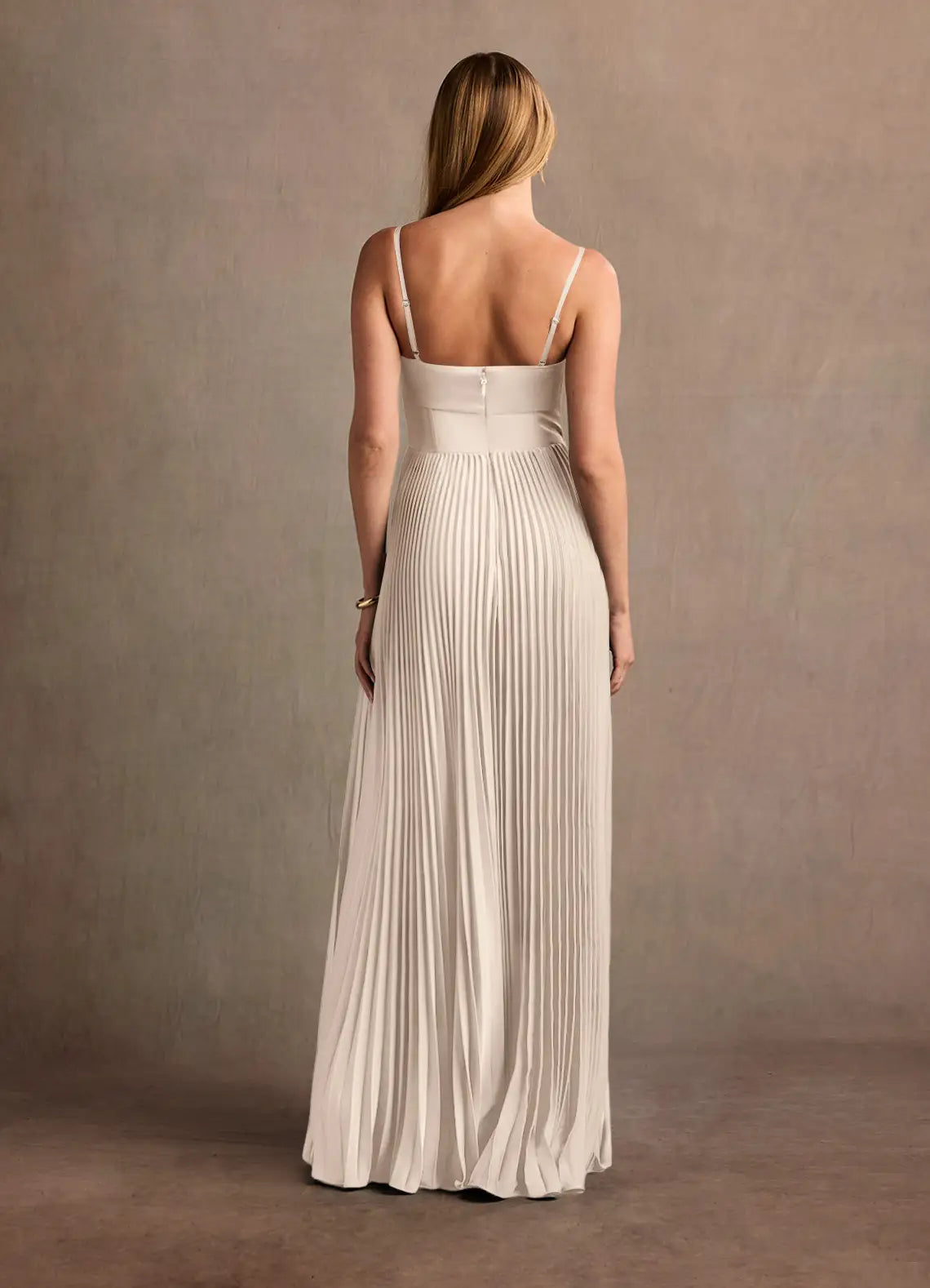 Ivory Twist Bust Corset Spaghetti Strap Pleated Slit A-Line Maxi Wedding Guest Dress
