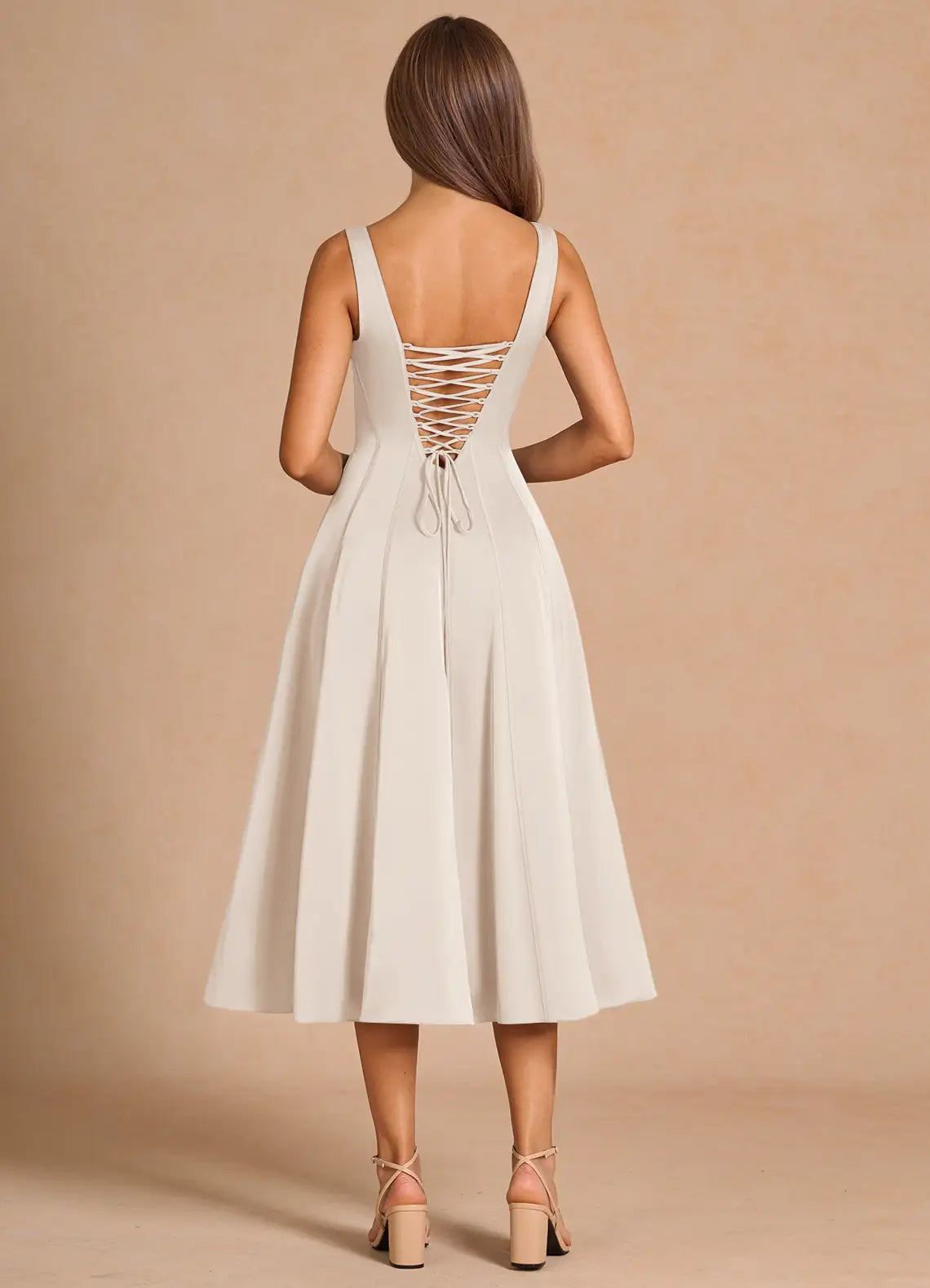 Ivory Wide Strap Square Corset Lace Up Back Pocket Midi Wedding Guest Dress