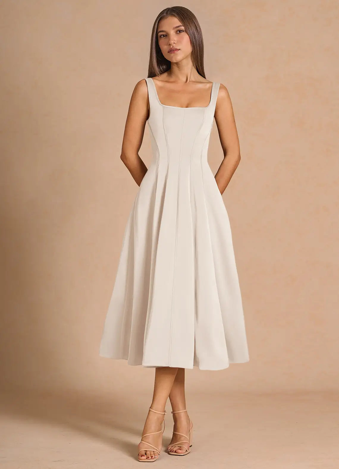 Ivory Wide Strap Square Corset Lace Up Back Pocket Midi Wedding Guest Dress