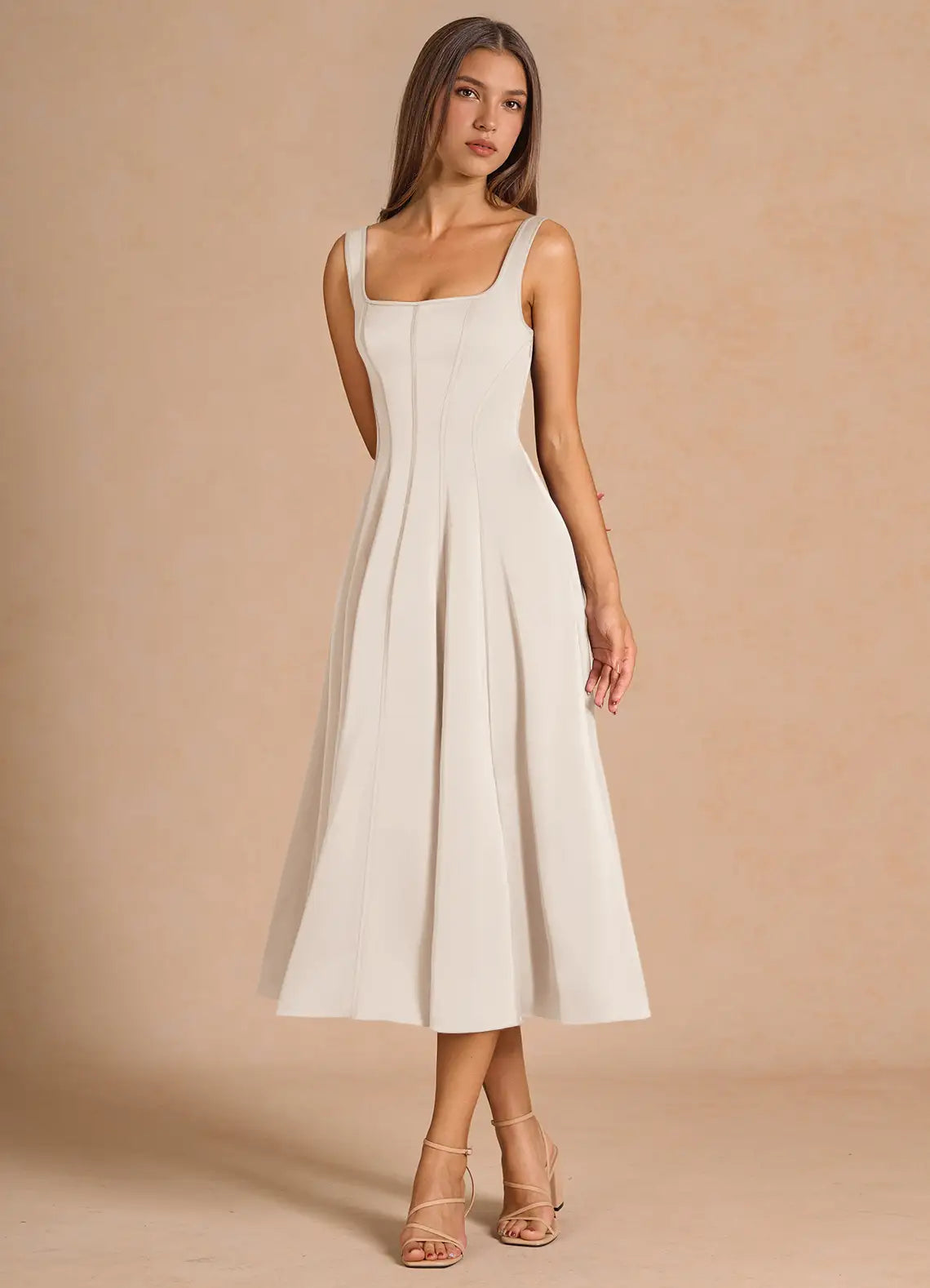 Ivory Wide Strap Square Corset Lace Up Back Pocket Midi Wedding Guest Dress