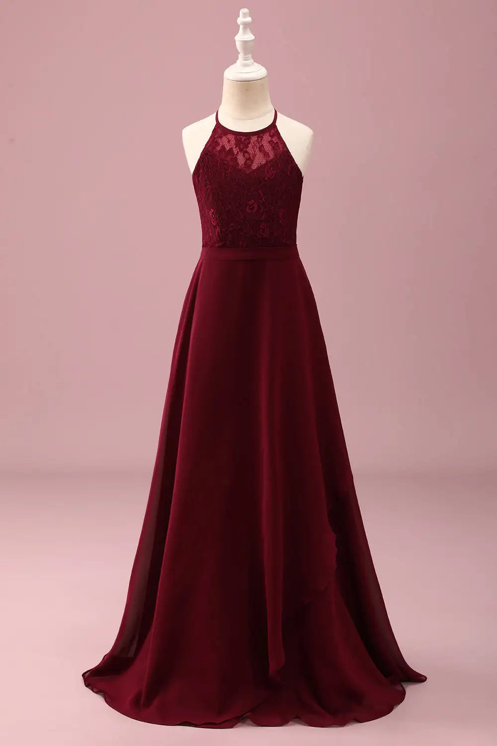 Junior Bridesmaid Dress A Line Halter Sleeveless Backless Lace Fashion Long Girl Formal Dress