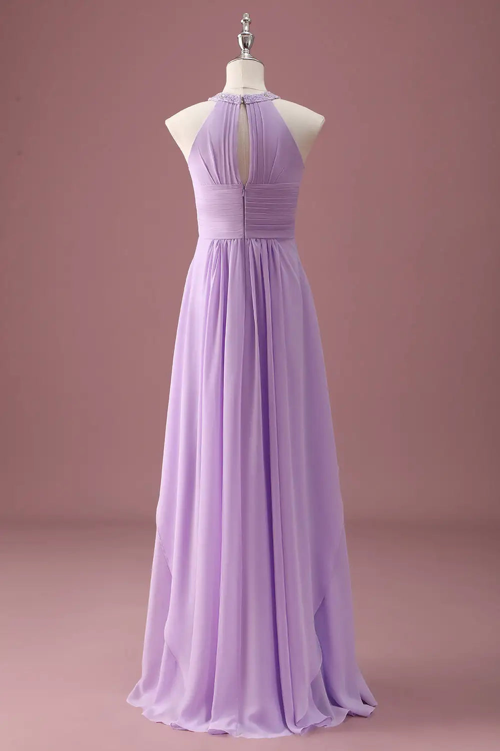Junior Bridesmaid Dress A Line Halter Sleeveless Beaded Keyhole Pleated Exquisite Long Girl Formal Dress