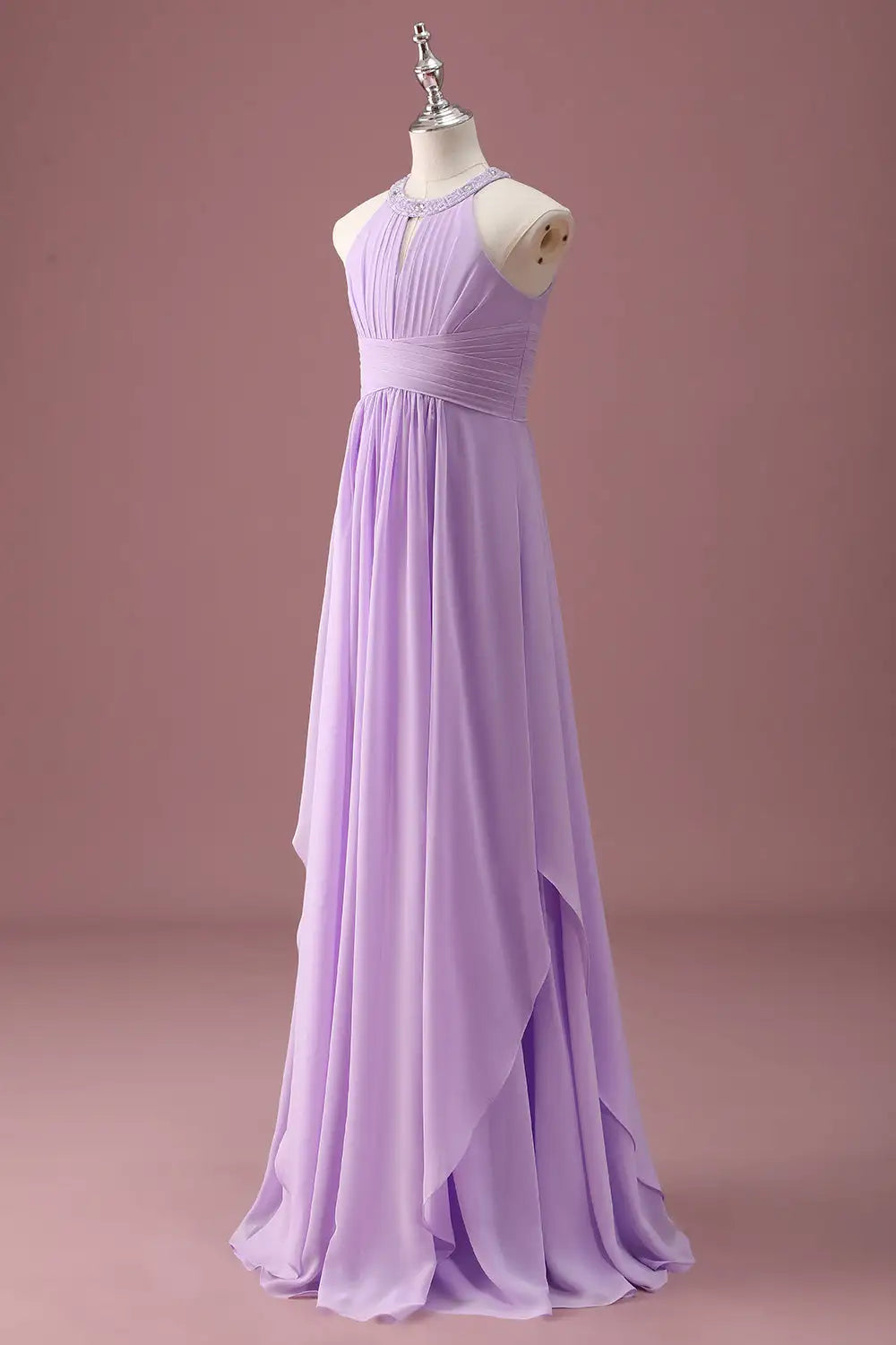 Junior Bridesmaid Dress A Line Halter Sleeveless Beaded Keyhole Pleated Exquisite Long Girl Formal Dress