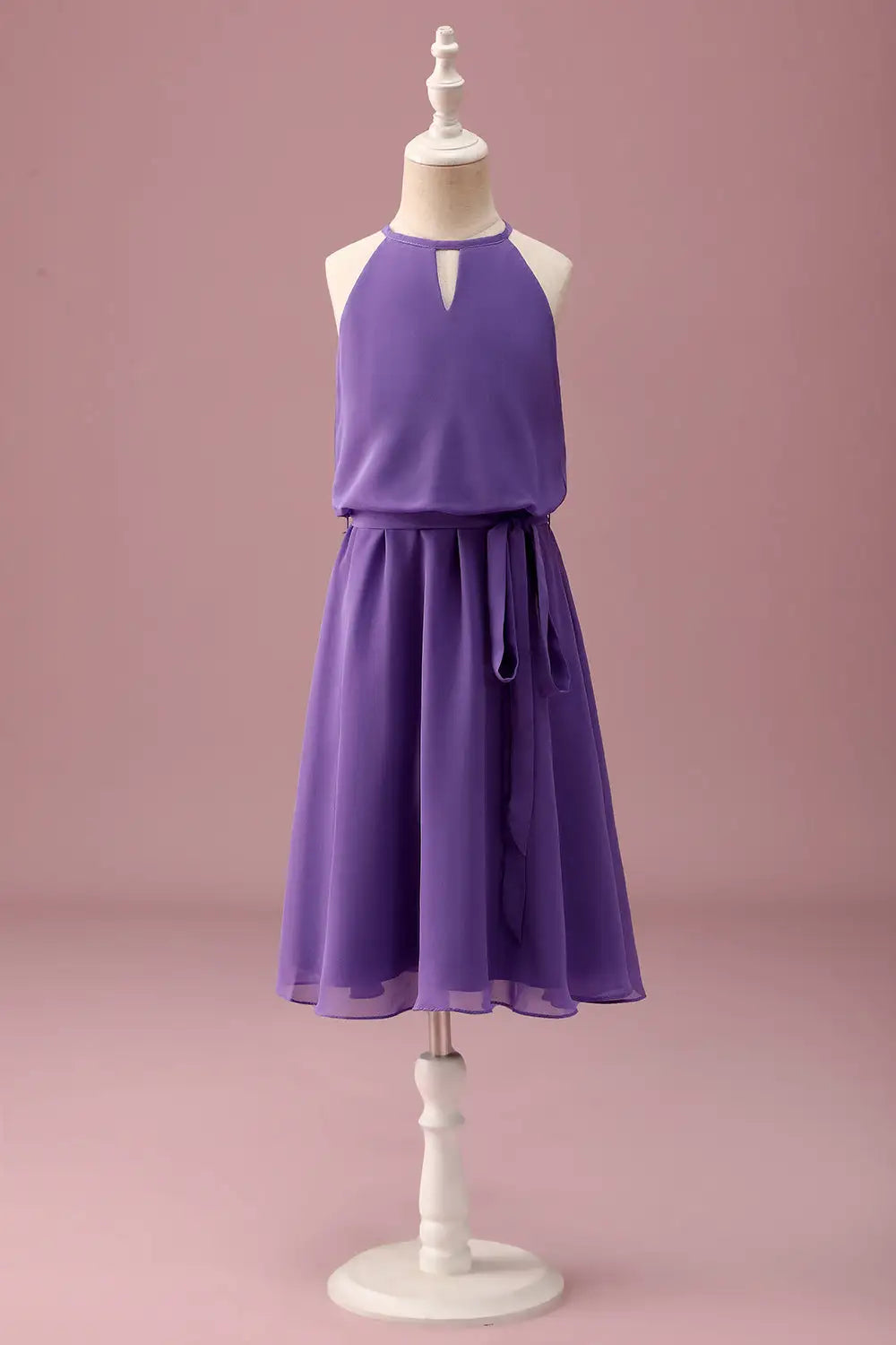 Junior Bridesmaid Dress A Line Halter Sleeveless Keyhole With Belt Elegant Retro Girl Formal Dress