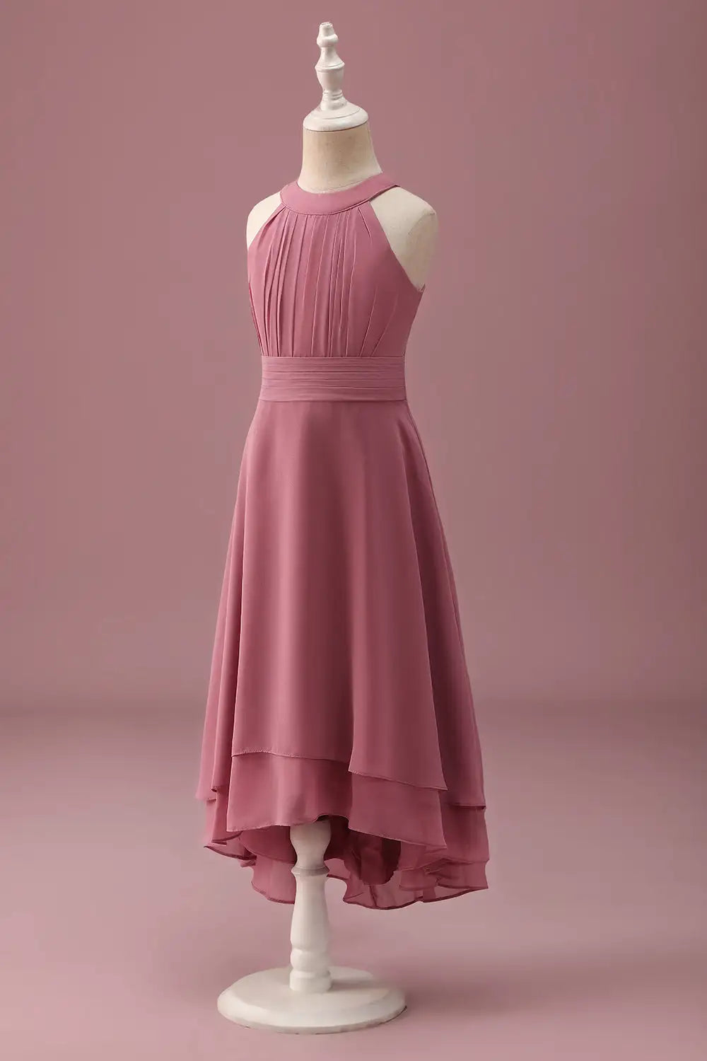 Junior Bridesmaid Dress A Line Halter Sleeveless Pleated High Low Double-Layer Hemline Long Fashion Girl Formal Dress