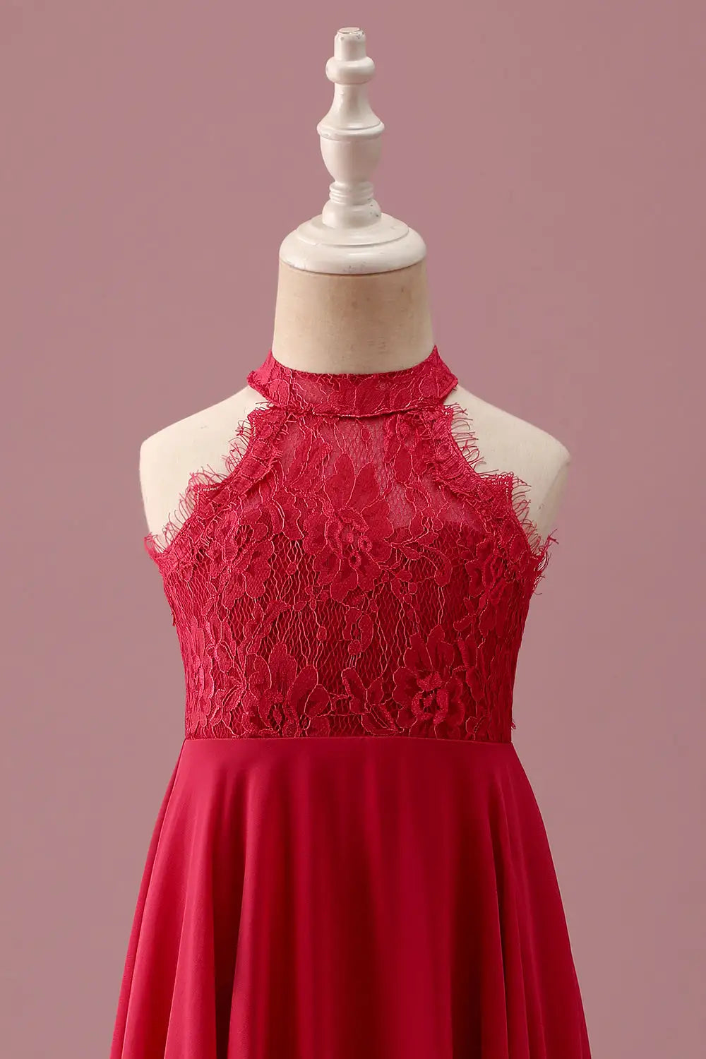 Junior Bridesmaid Dress A Line Lace Halter Sleeveless Red Ruched Backless Fashion Girl Formal Dress
