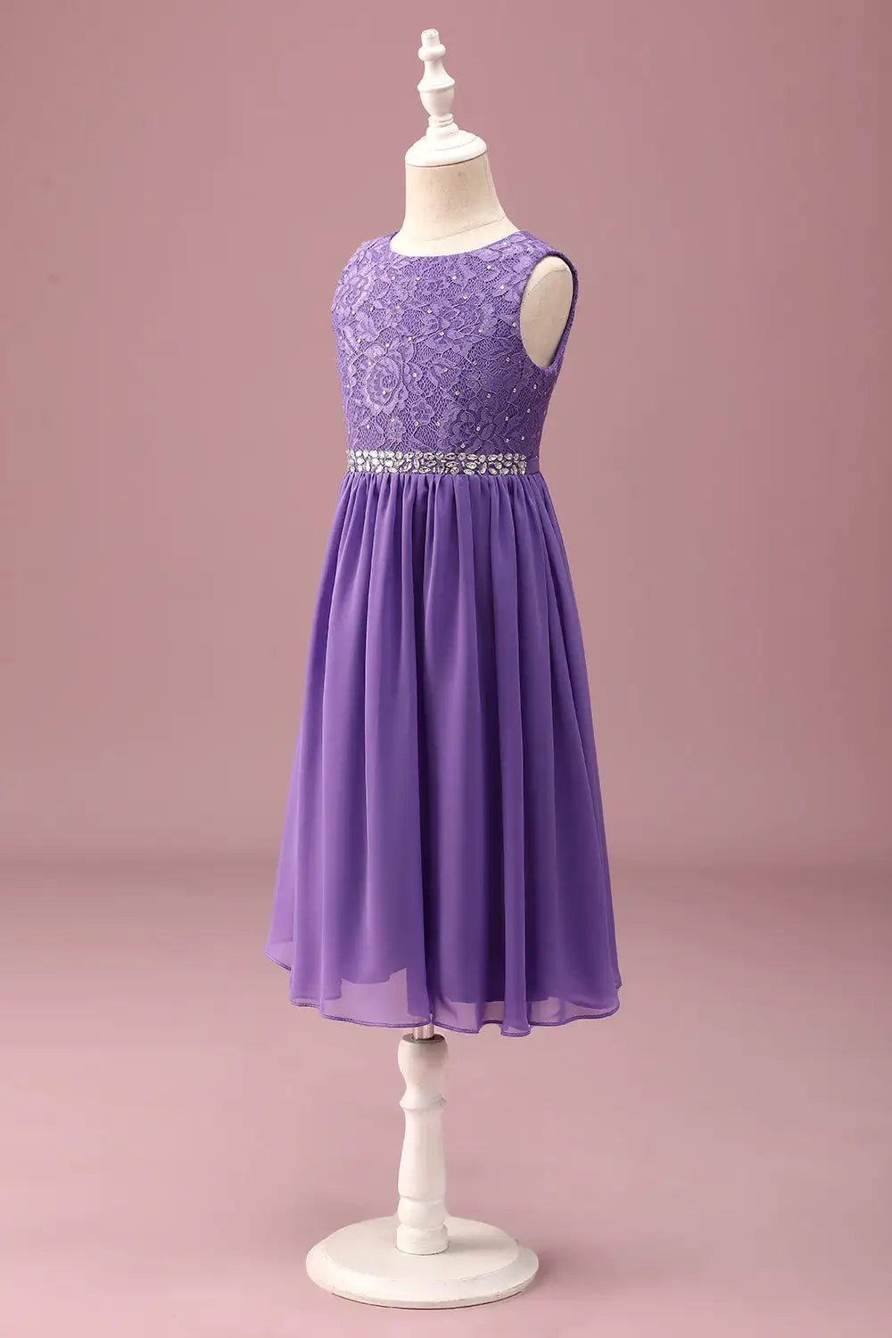 Junior Bridesmaid Dress A Line Lace Round Neck Sleeveless Rhinestone Belt Ruched Exquisite Girl Formal Dress