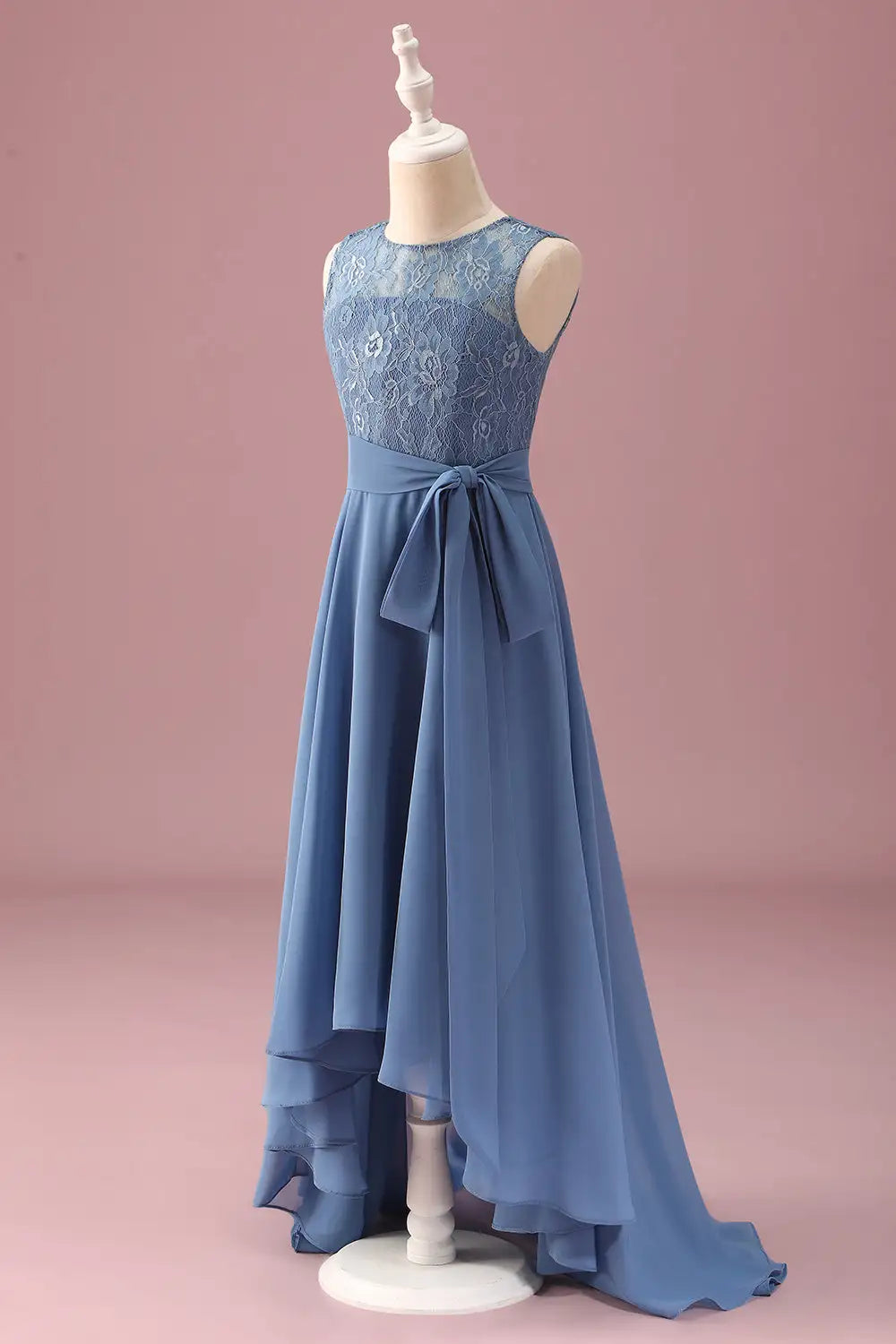 Junior Bridesmaid Dress A Line Lace Round Neck Sleeveless Ruffles With Belt High Low Hemline Girl Formal Dress