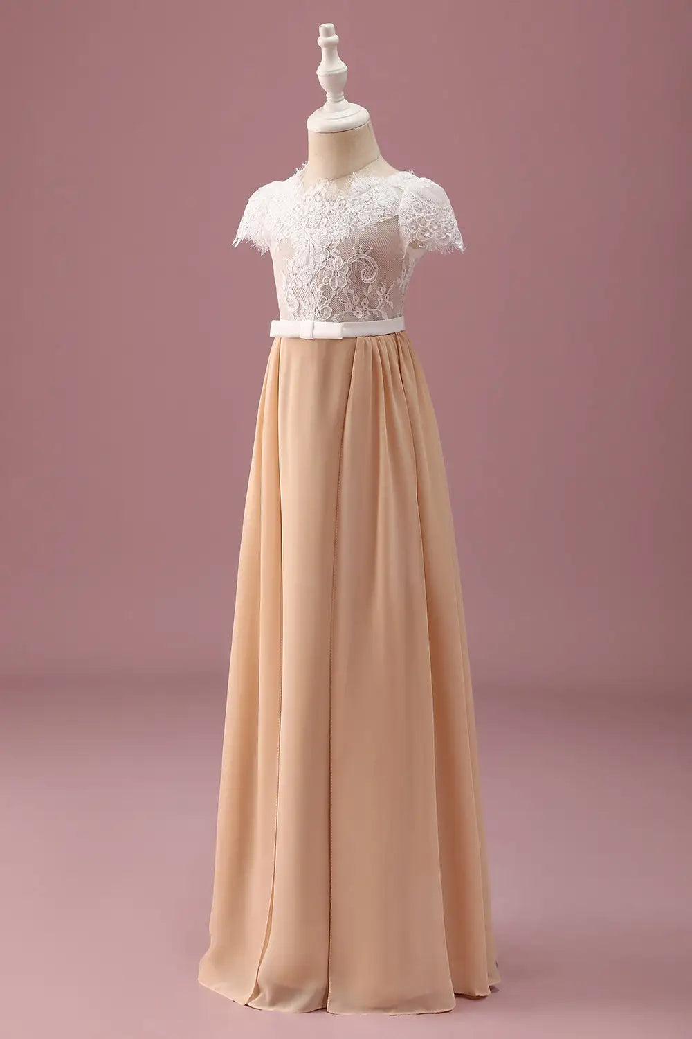 Junior Bridesmaid Dress A Line Round Neck Cap Sleeve Pleated Lace Retro Long Girl Formal Dress