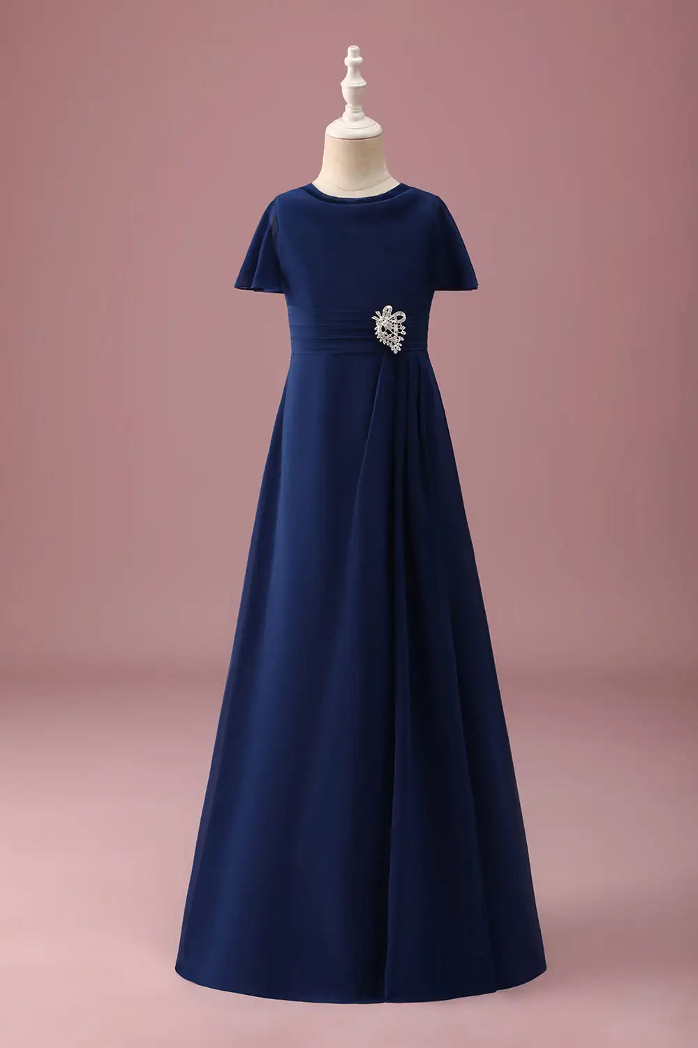 Junior Bridesmaid Dress A Line Round Neck Short Sleeve Pleated Beadwork Elegant Girl Formal Dress