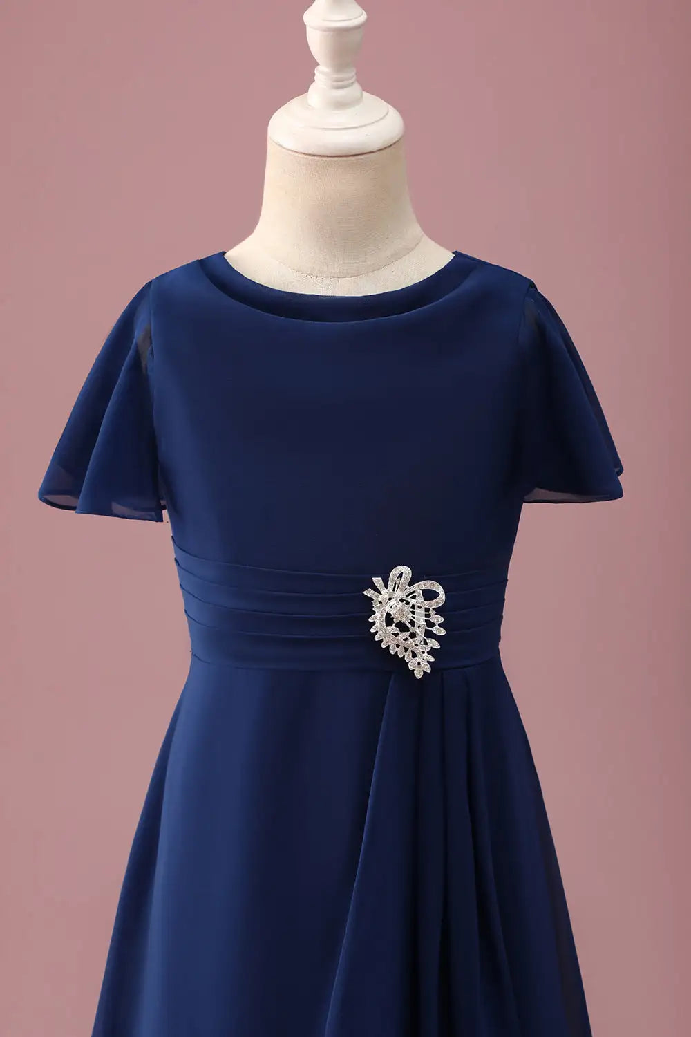 Junior Bridesmaid Dress A Line Round Neck Short Sleeve Pleated Beadwork Elegant Girl Formal Dress