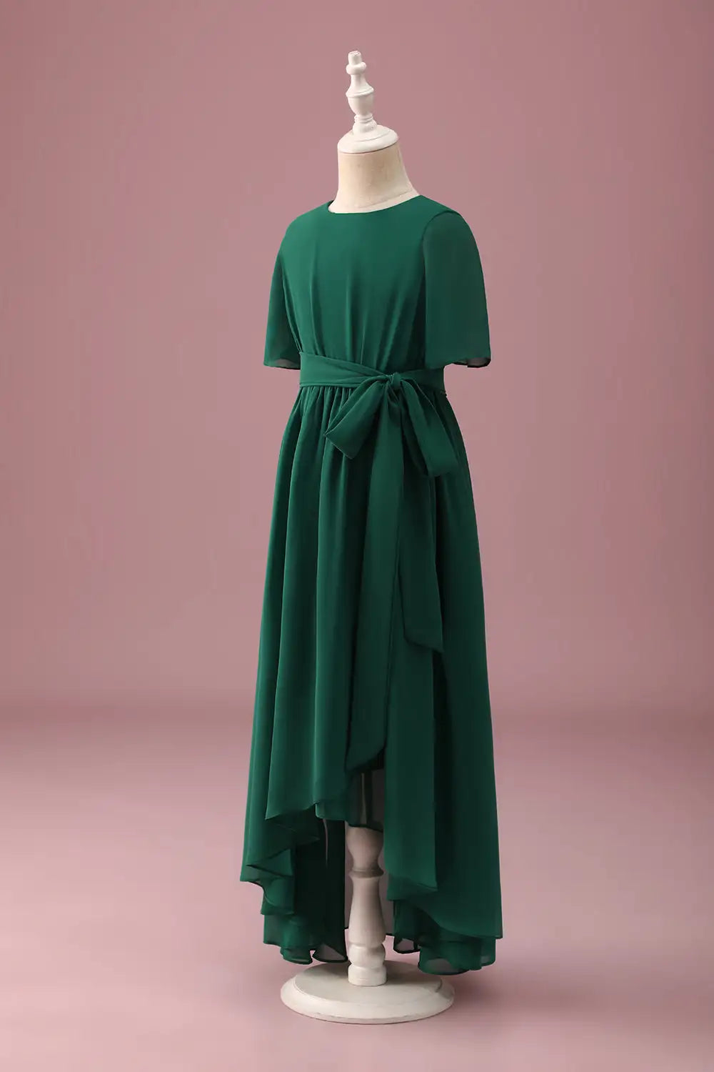 Junior Bridesmaid Dress A Line Round Neck Short Sleeves Ruched High-Low Hemline Elegant Long Girl Formal Dress