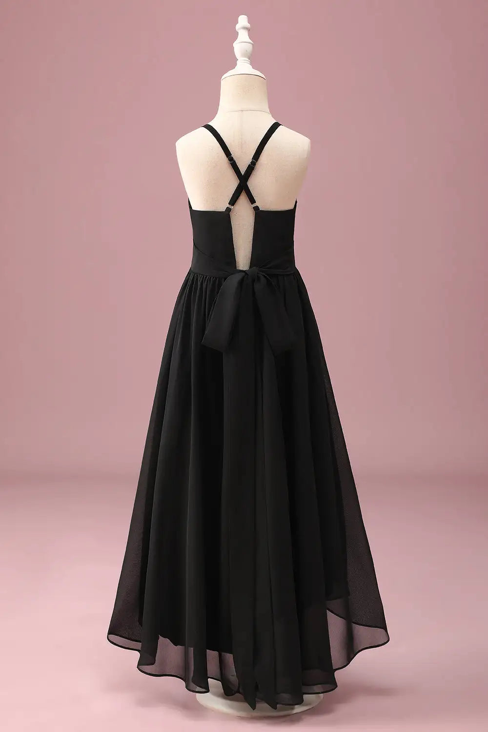 Junior Bridesmaid Dress A Line Spaghetti Strap Round Neck Backless Ruched High Low With Belt Fashion Girl Formal Dress
