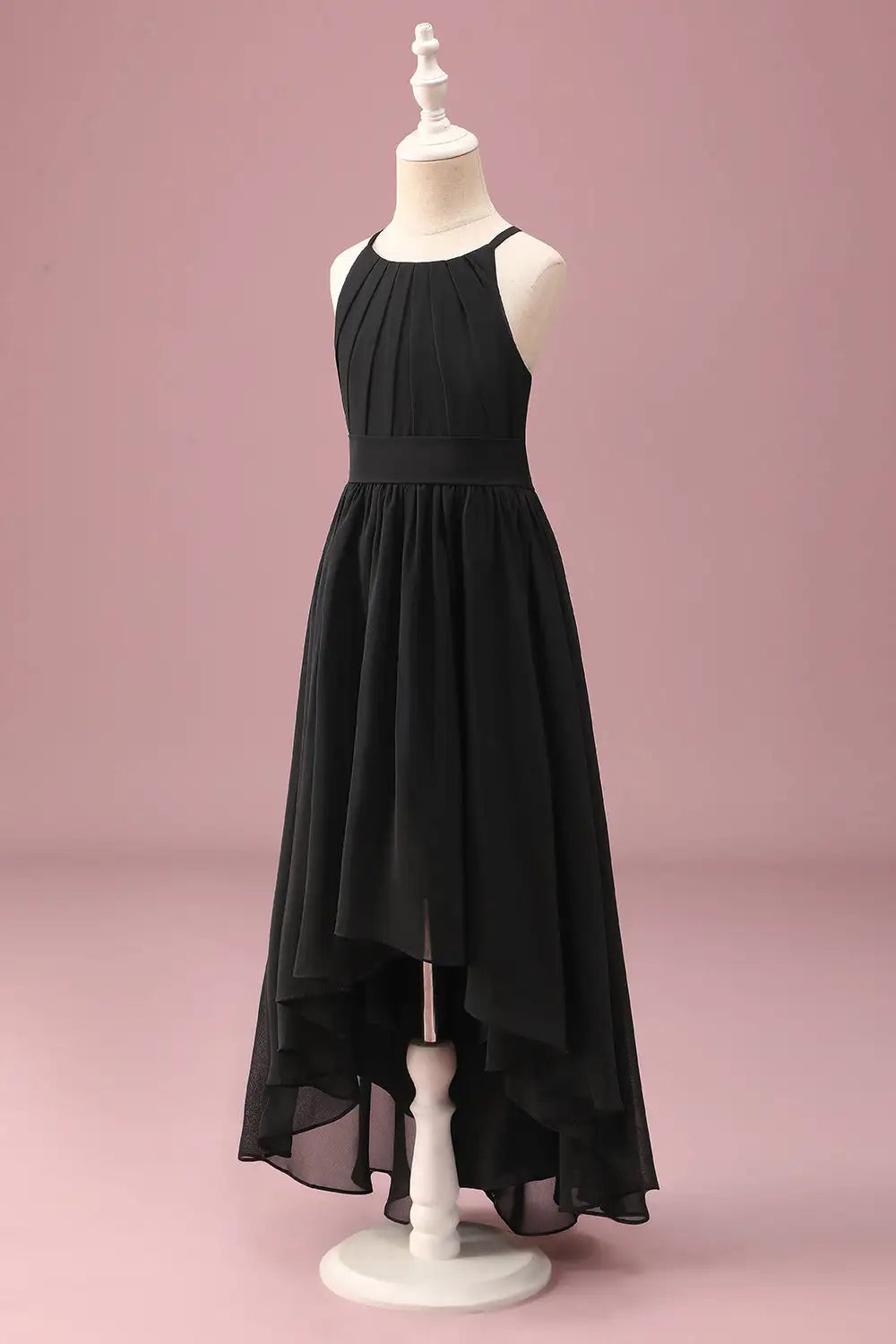 Junior Bridesmaid Dress A Line Spaghetti Strap Round Neck Backless Ruched High Low With Belt Fashion Girl Formal Dress