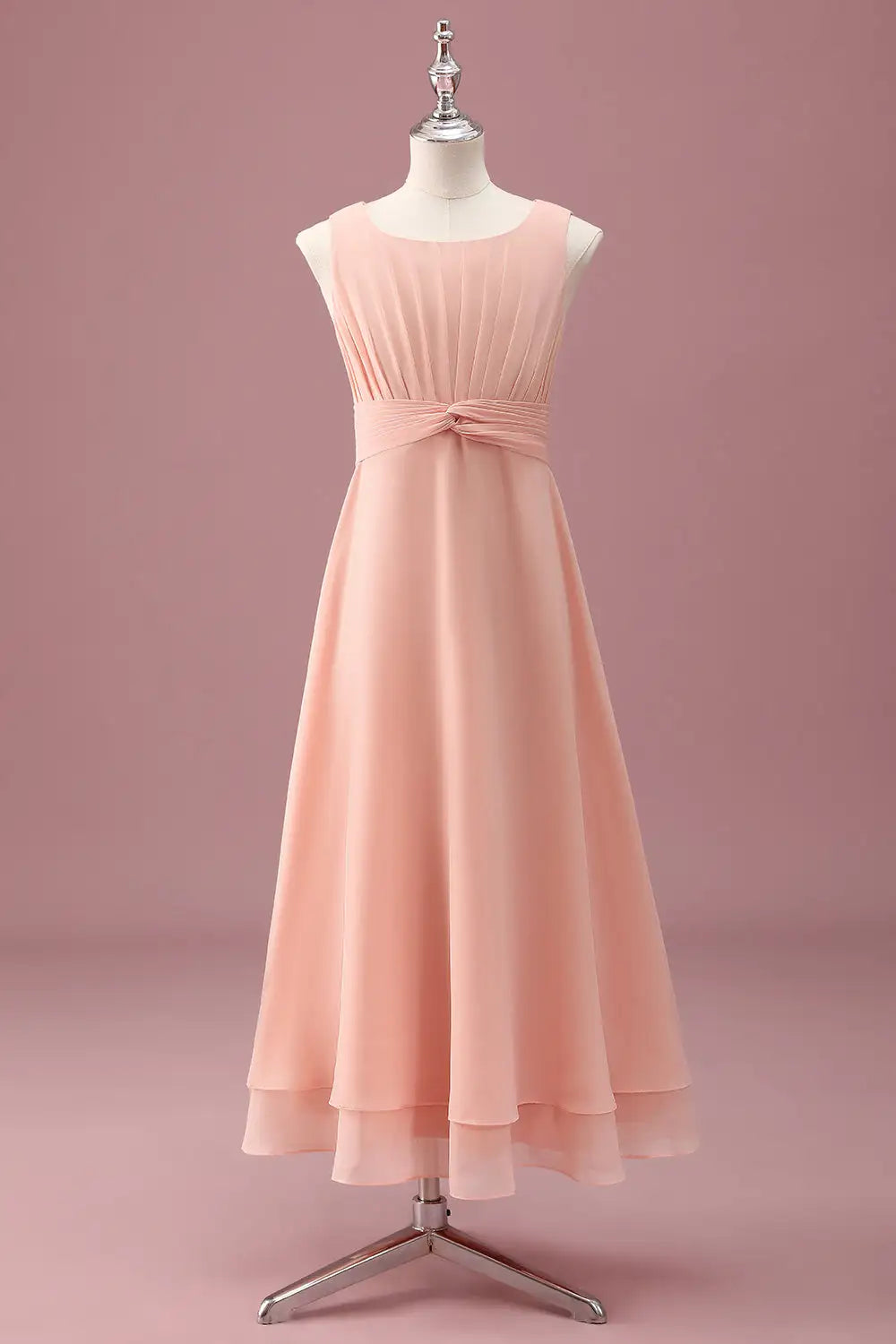 Junior Bridesmaid Dress A Line Square Neck Sleeveless Pleated Double-Layer Hemline Exquisite Girl Formal Dress