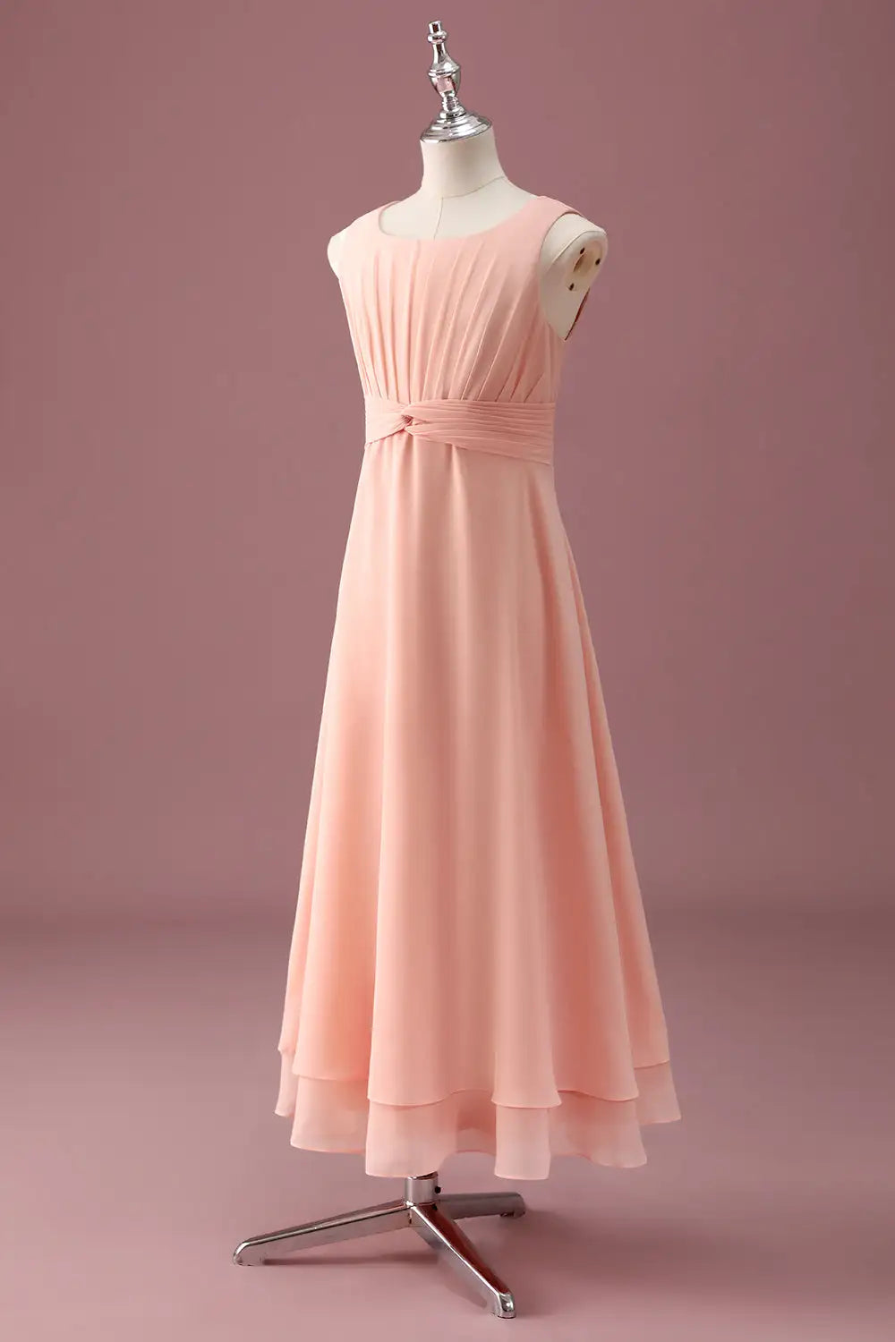 Junior Bridesmaid Dress A Line Square Neck Sleeveless Pleated Double-Layer Hemline Exquisite Girl Formal Dress