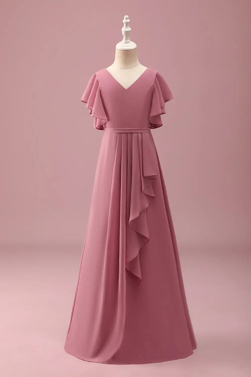 Junior Bridesmaid Dress A Line V Neck Flowy Sleeve Ruched Exquisite Girl Formal Dress