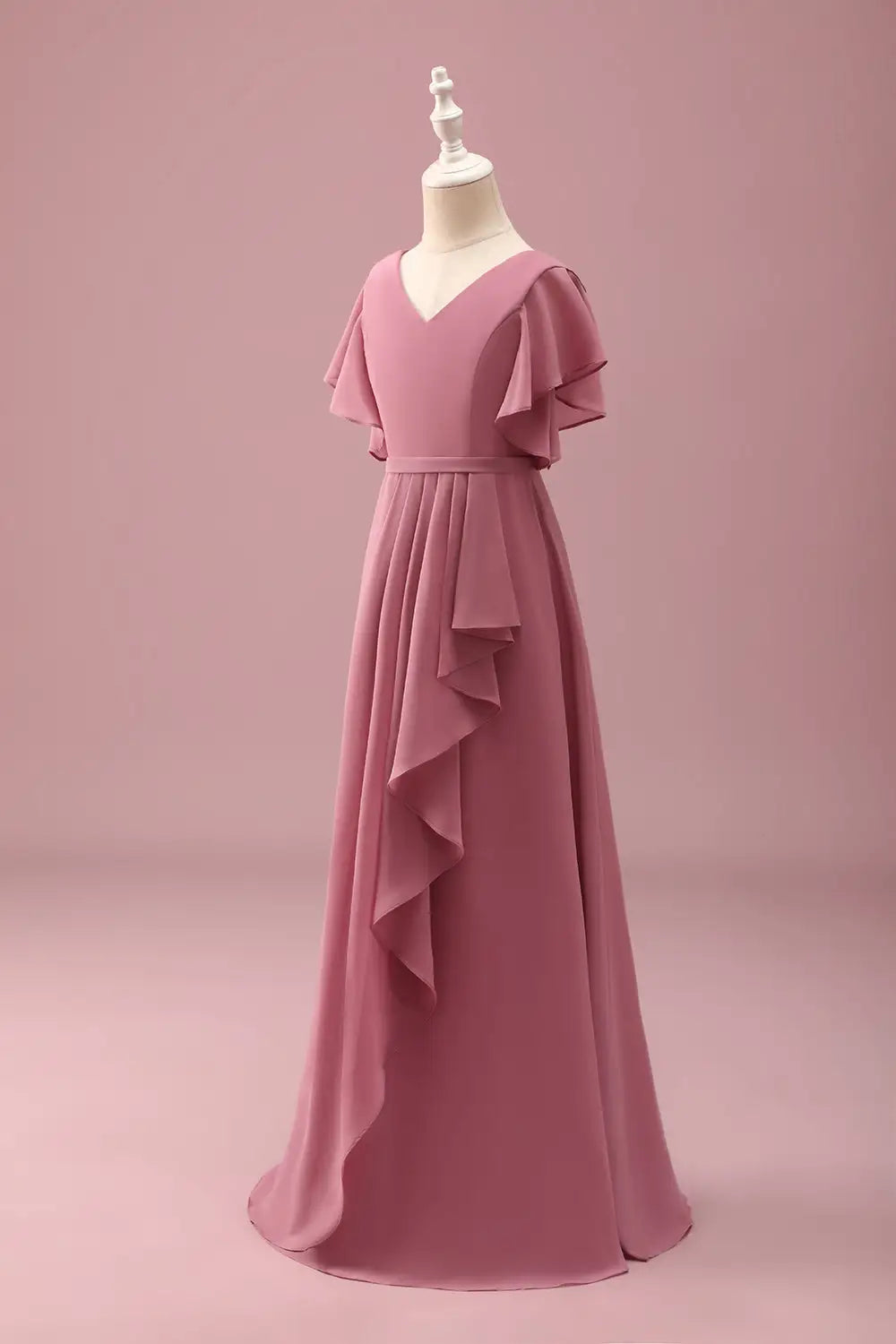 Junior Bridesmaid Dress A Line V Neck Flowy Sleeve Ruched Exquisite Girl Formal Dress